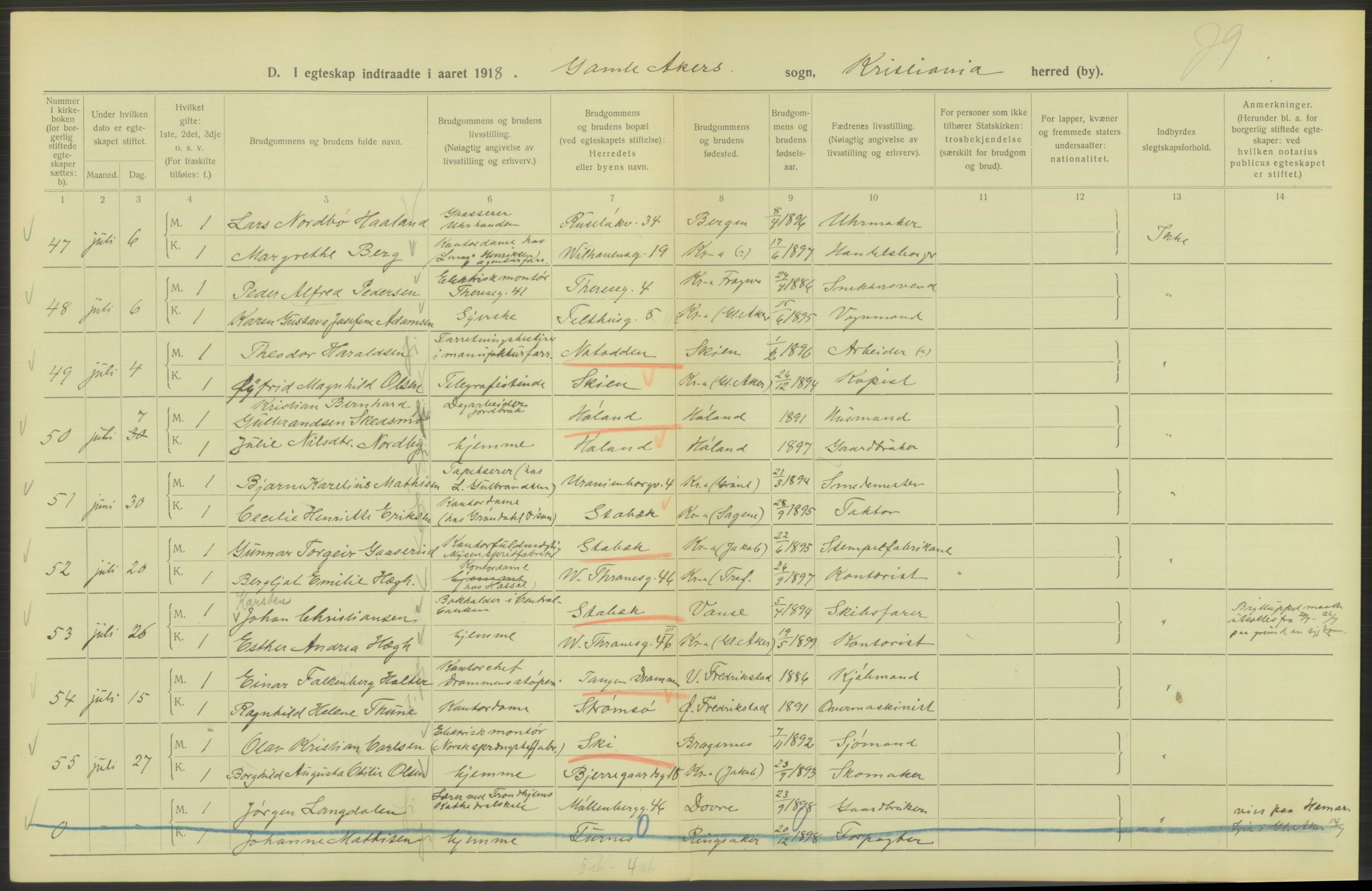 Statistisk sentralbyrå, Sosiodemografiske emner, Befolkning, AV/RA-S-2228/D/Df/Dfb/Dfbh/L0009: Kristiania: Gifte, 1918, s. 316