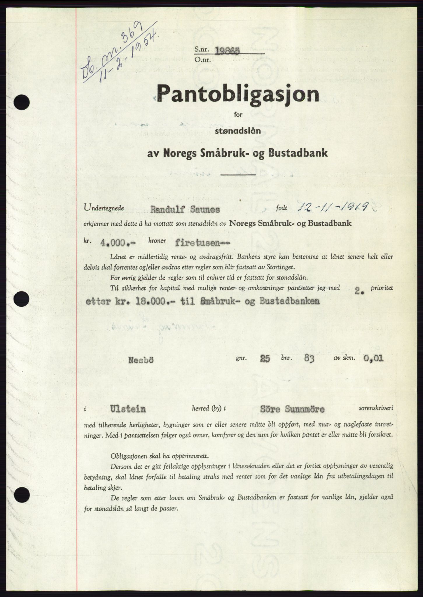 Søre Sunnmøre sorenskriveri, AV/SAT-A-4122/1/2/2C/L0124: Pantebok nr. 12B, 1953-1954, Dagboknr: 369/1954