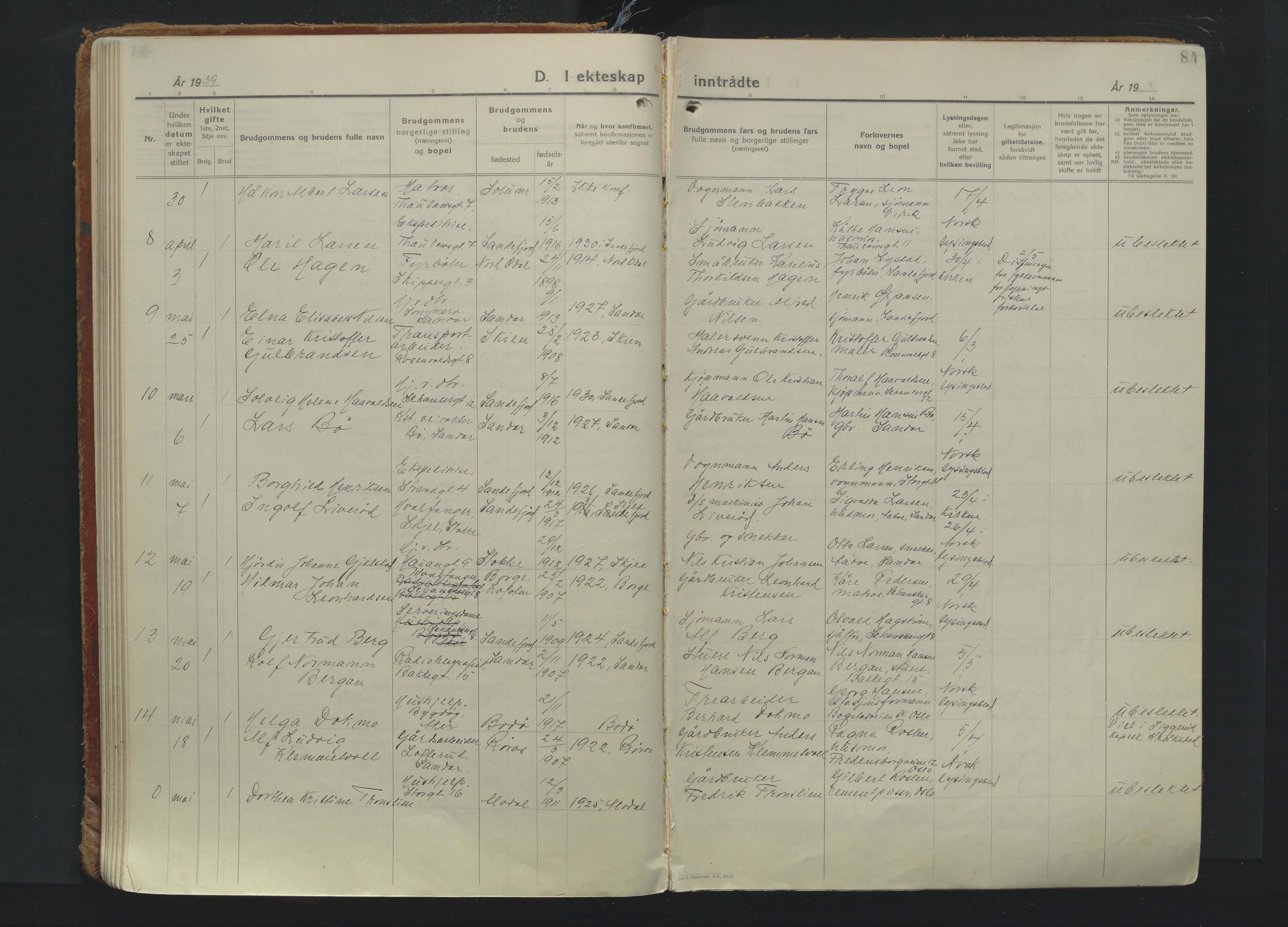 Sandefjord kirkebøker, AV/SAKO-A-315/F/Fa/L0009: Ministerialbok nr. 9, 1926-1945, s. 84