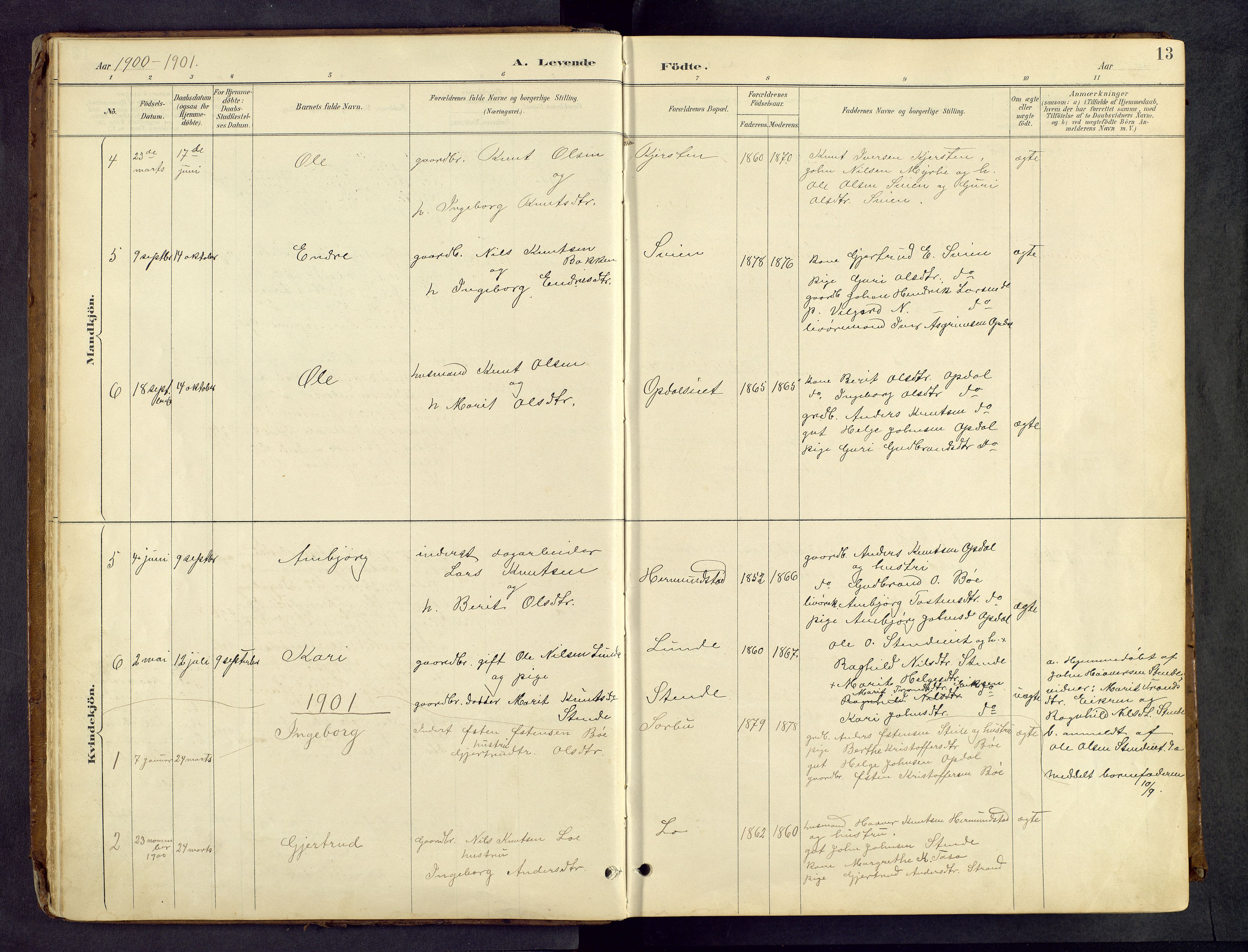 Vang prestekontor, Valdres, AV/SAH-PREST-140/H/Hb/L0005: Klokkerbok nr. 5, 1889-1945, s. 13