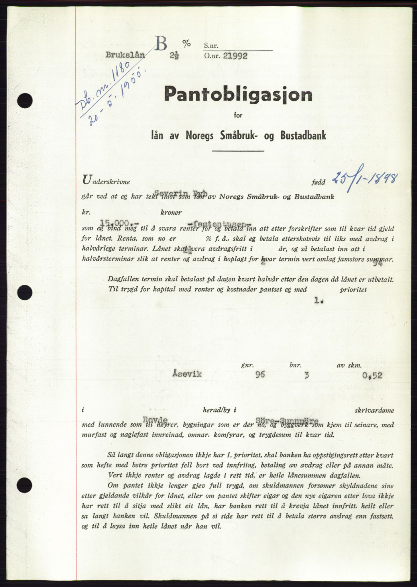 Søre Sunnmøre sorenskriveri, AV/SAT-A-4122/1/2/2C/L0126: Pantebok nr. 14B, 1954-1955, Dagboknr: 1180/1955