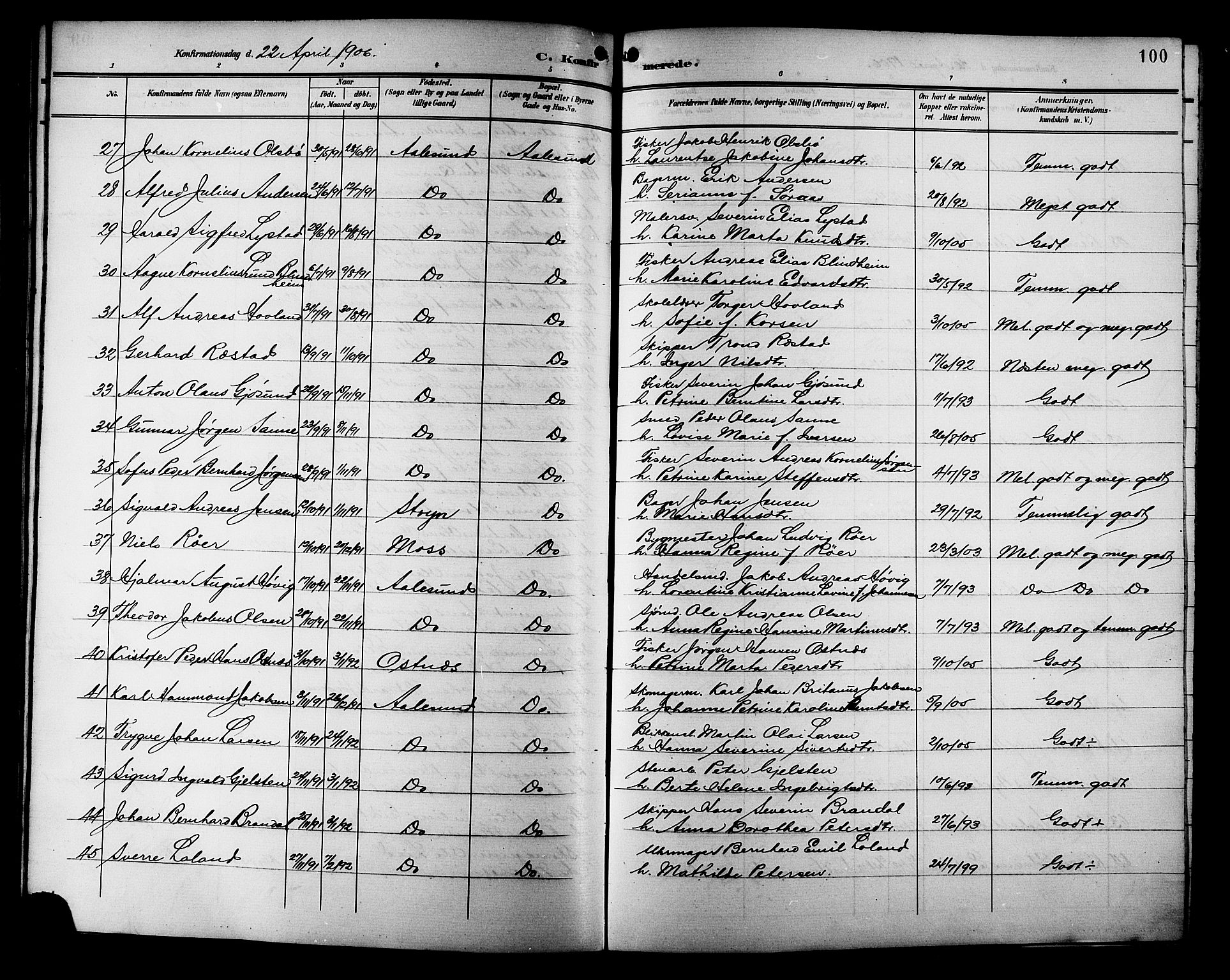 Ministerialprotokoller, klokkerbøker og fødselsregistre - Møre og Romsdal, AV/SAT-A-1454/529/L0469: Klokkerbok nr. 529C06, 1898-1906, s. 100