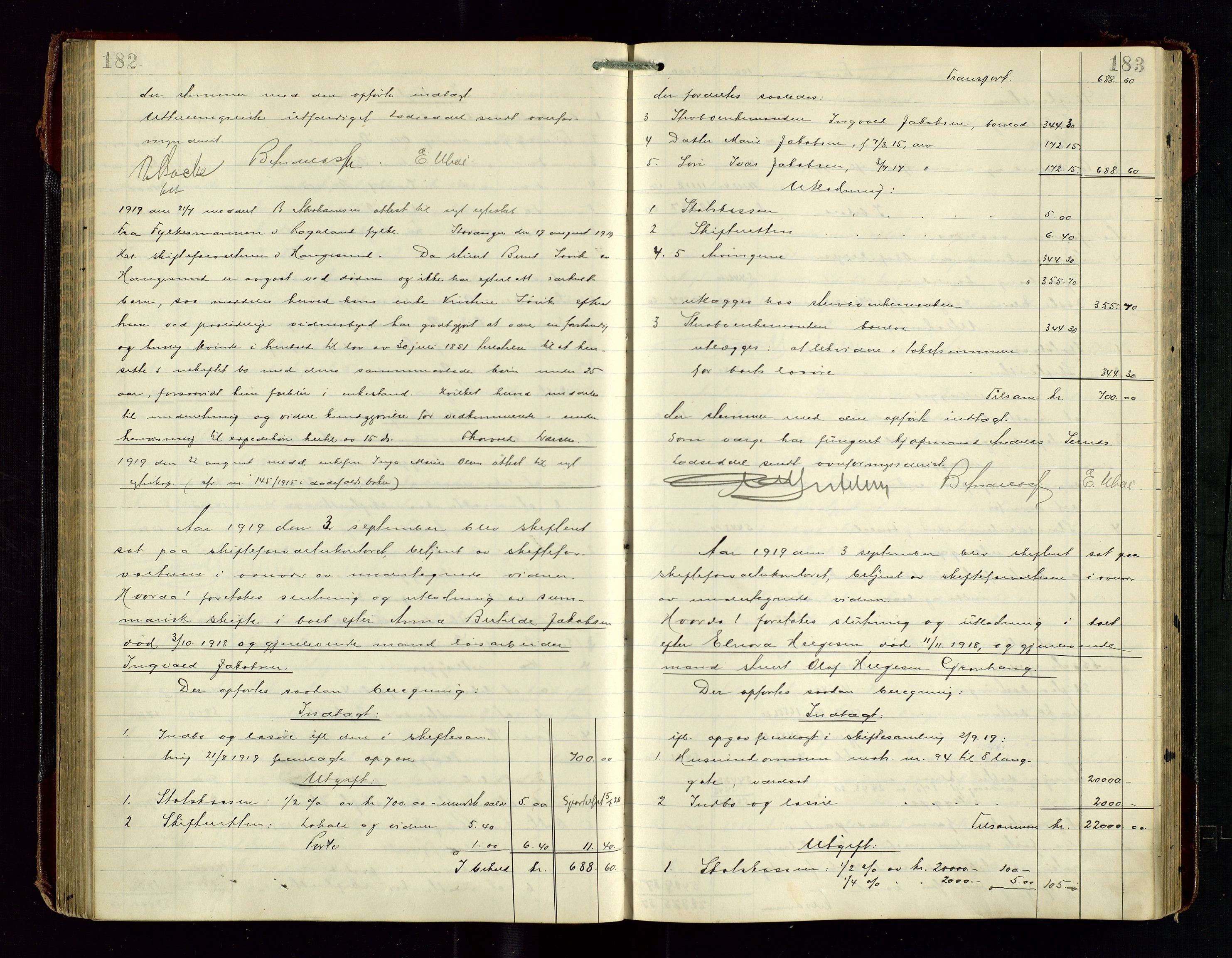 Haugesund tingrett, AV/SAST-A-101415/01/IV/IVD/L0003: Skifteutlodningsprotokoll, med register, 1915-1924, s. 182-183