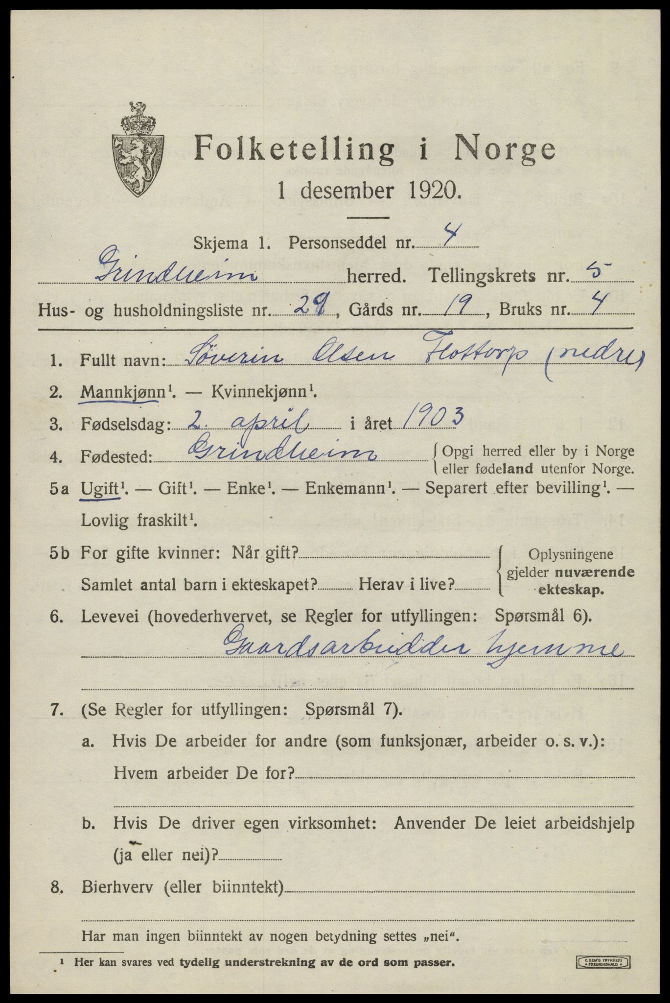 SAK, Folketelling 1920 for 1025 Grindheim herred, 1920, s. 1857