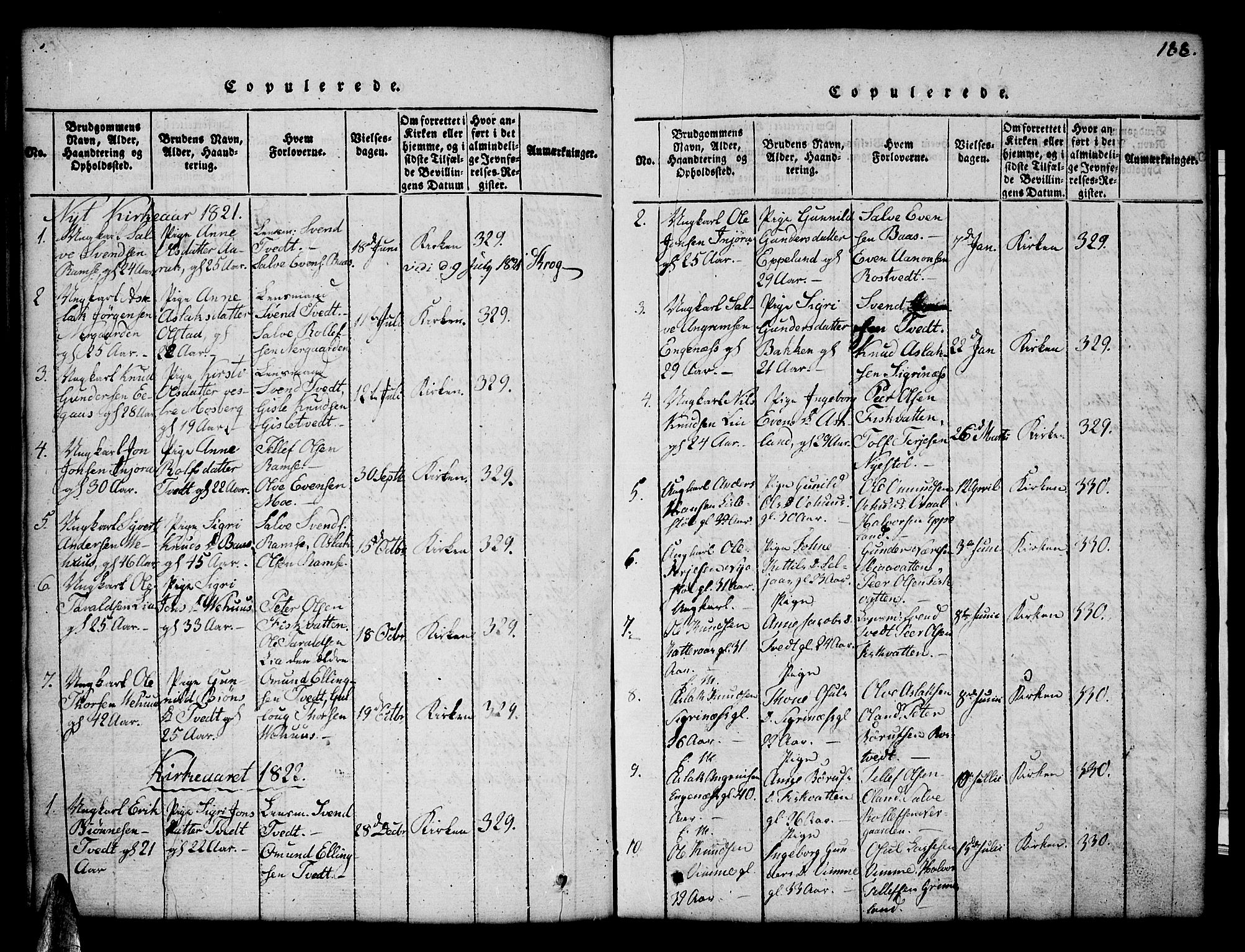 Åmli sokneprestkontor, AV/SAK-1111-0050/F/Fb/Fbc/L0001: Klokkerbok nr. B 1, 1816-1867, s. 188