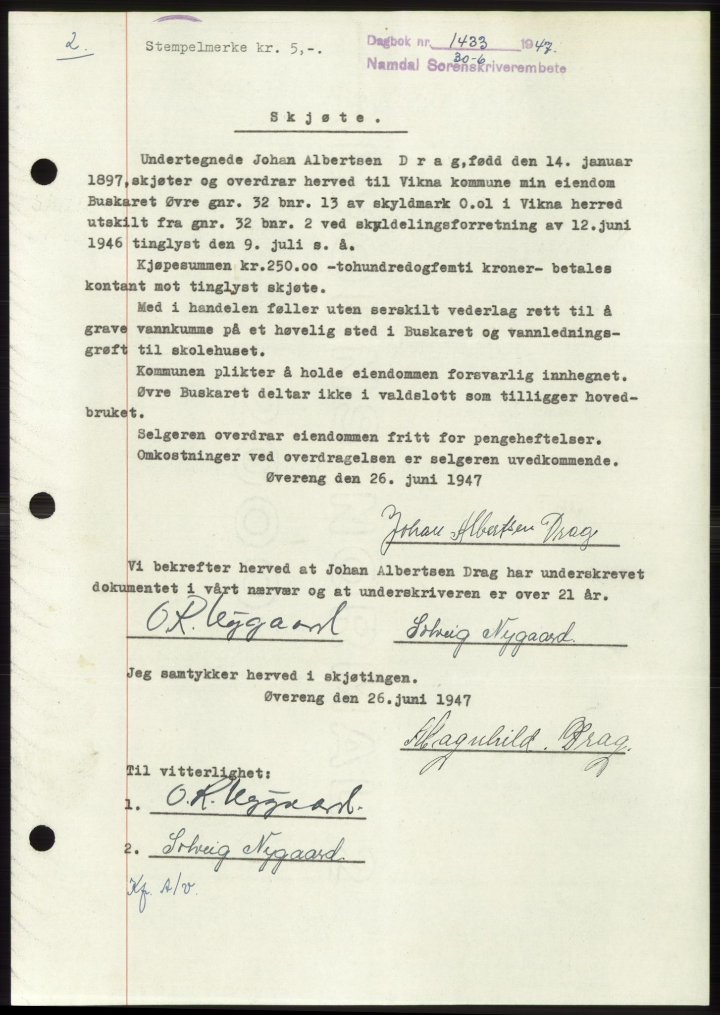 Namdal sorenskriveri, SAT/A-4133/1/2/2C: Pantebok nr. -, 1947-1947, Dagboknr: 1433/1947