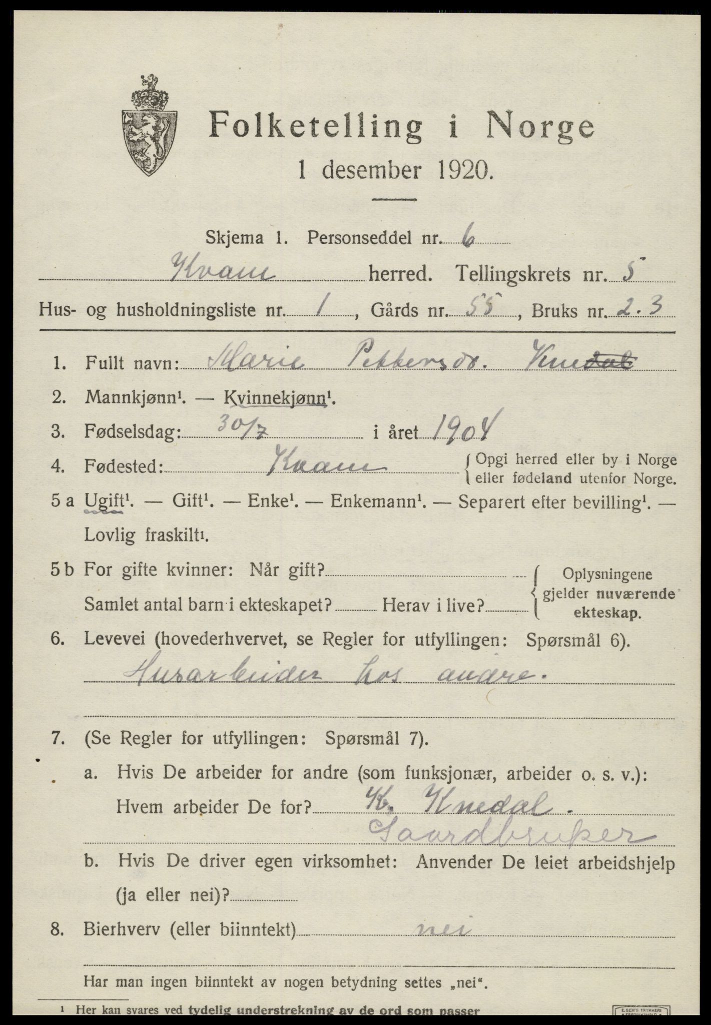 SAT, Folketelling 1920 for 1735 Kvam herred, 1920, s. 1405