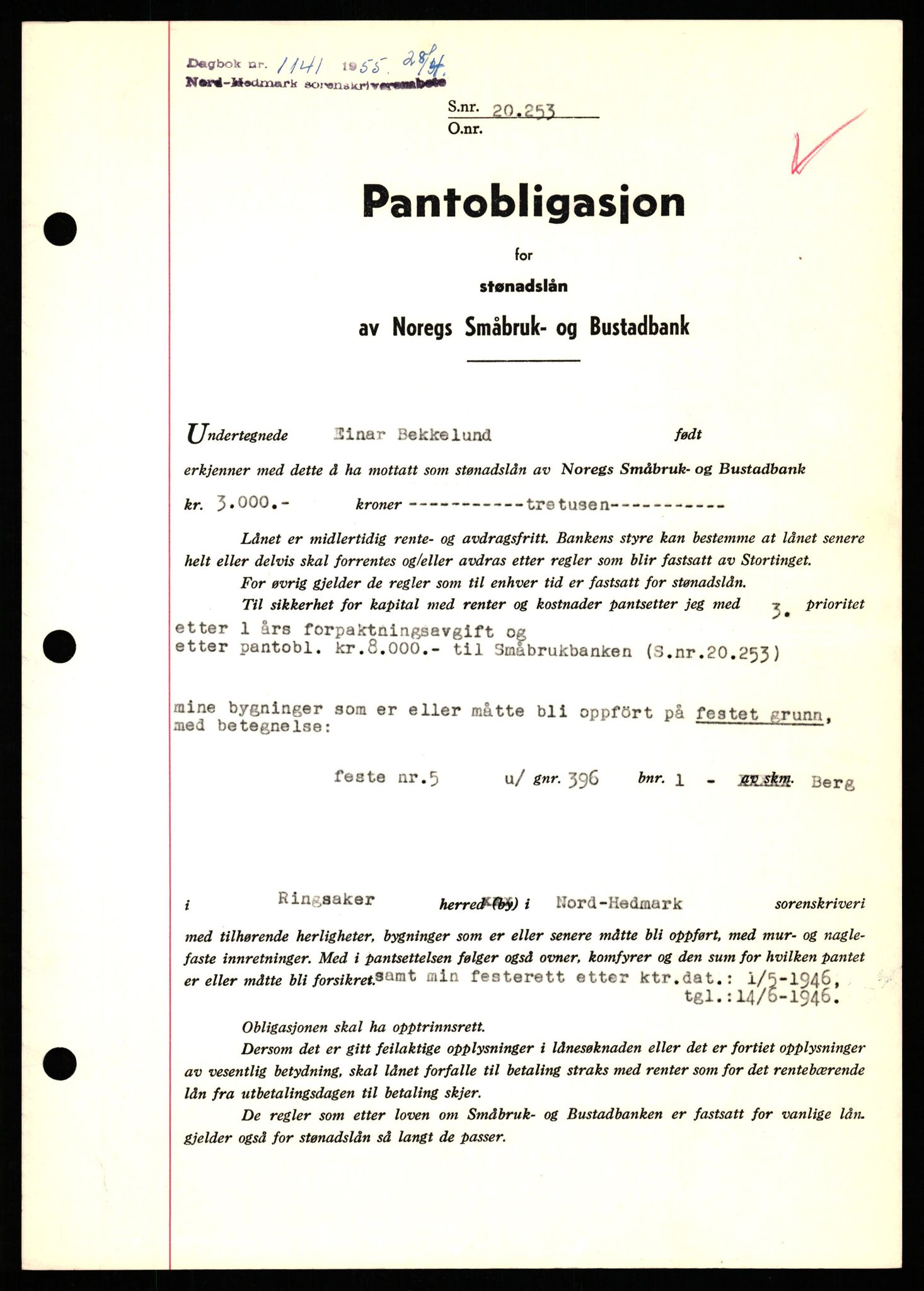 Nord-Hedmark sorenskriveri, SAH/TING-012/H/Hb/Hbf/L0032: Pantebok nr. B32, 1955-1955, Dagboknr: 1141/1952