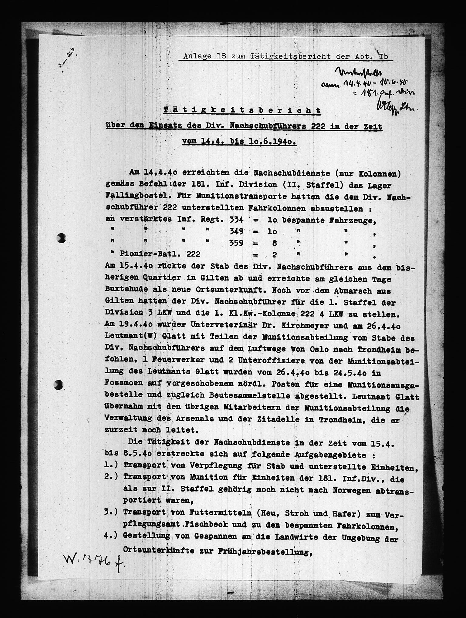 Documents Section, RA/RAFA-2200/V/L0087: Amerikansk mikrofilm "Captured German Documents".
Box No. 726.  FKA jnr. 601/1954., 1940, s. 292