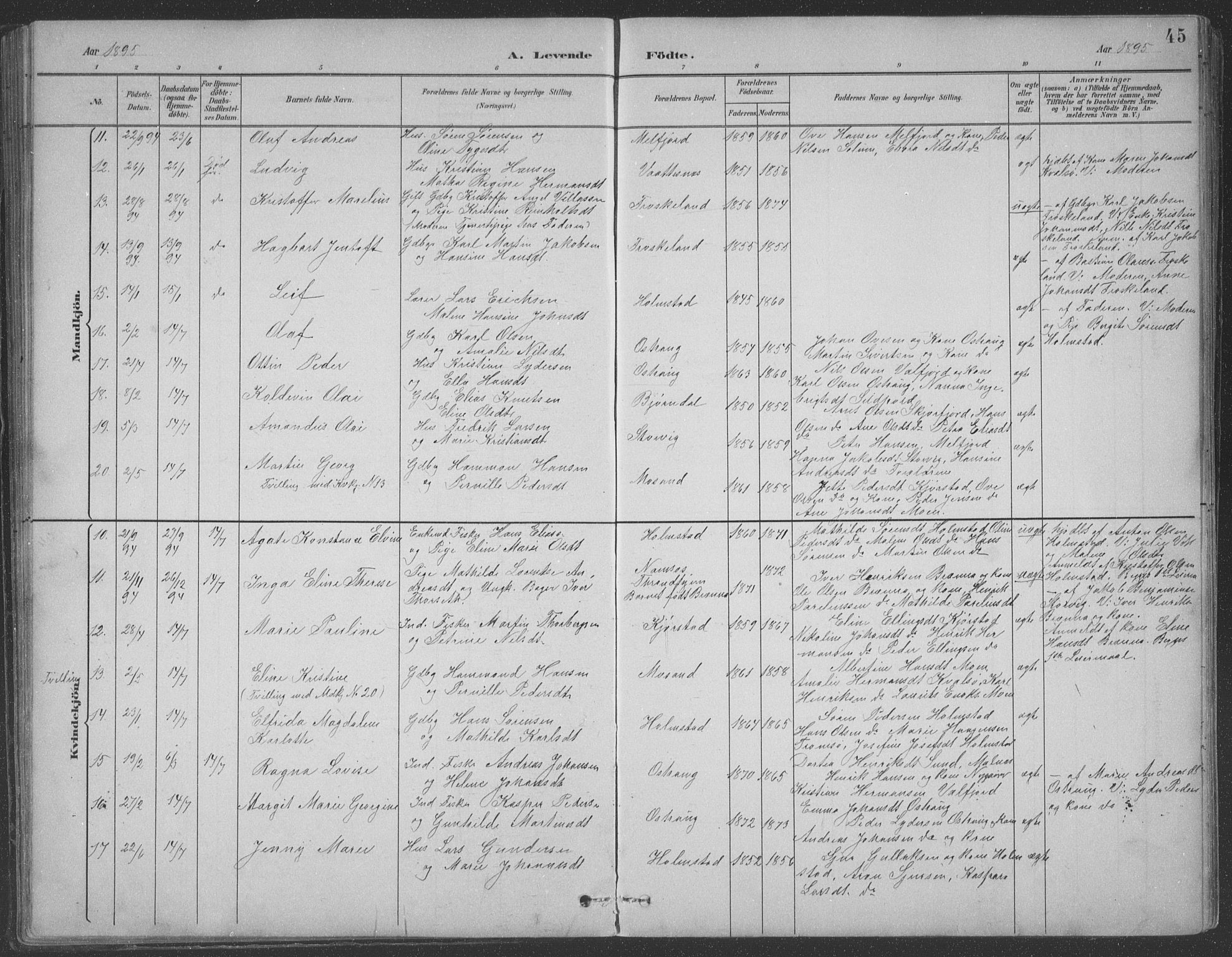 Ministerialprotokoller, klokkerbøker og fødselsregistre - Nordland, AV/SAT-A-1459/890/L1290: Klokkerbok nr. 890C01, 1882-1911, s. 45