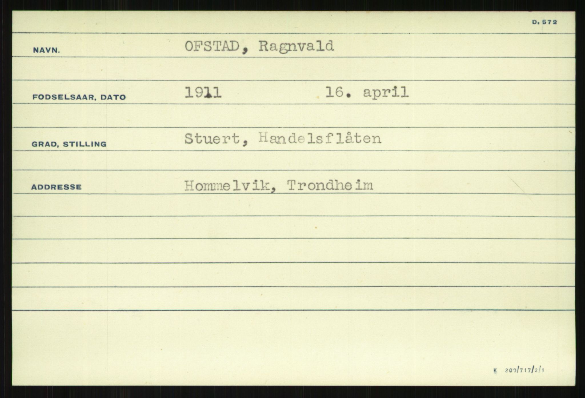 Direktoratet for sjømenn, AV/RA-S-3545/G/Gi/L0008: Alfabetisk ordnet kartotek over krigsdekorasjoner tildelt nordmenn under krigen, Odden - Staalstrøm, 1940-1945, s. 13
