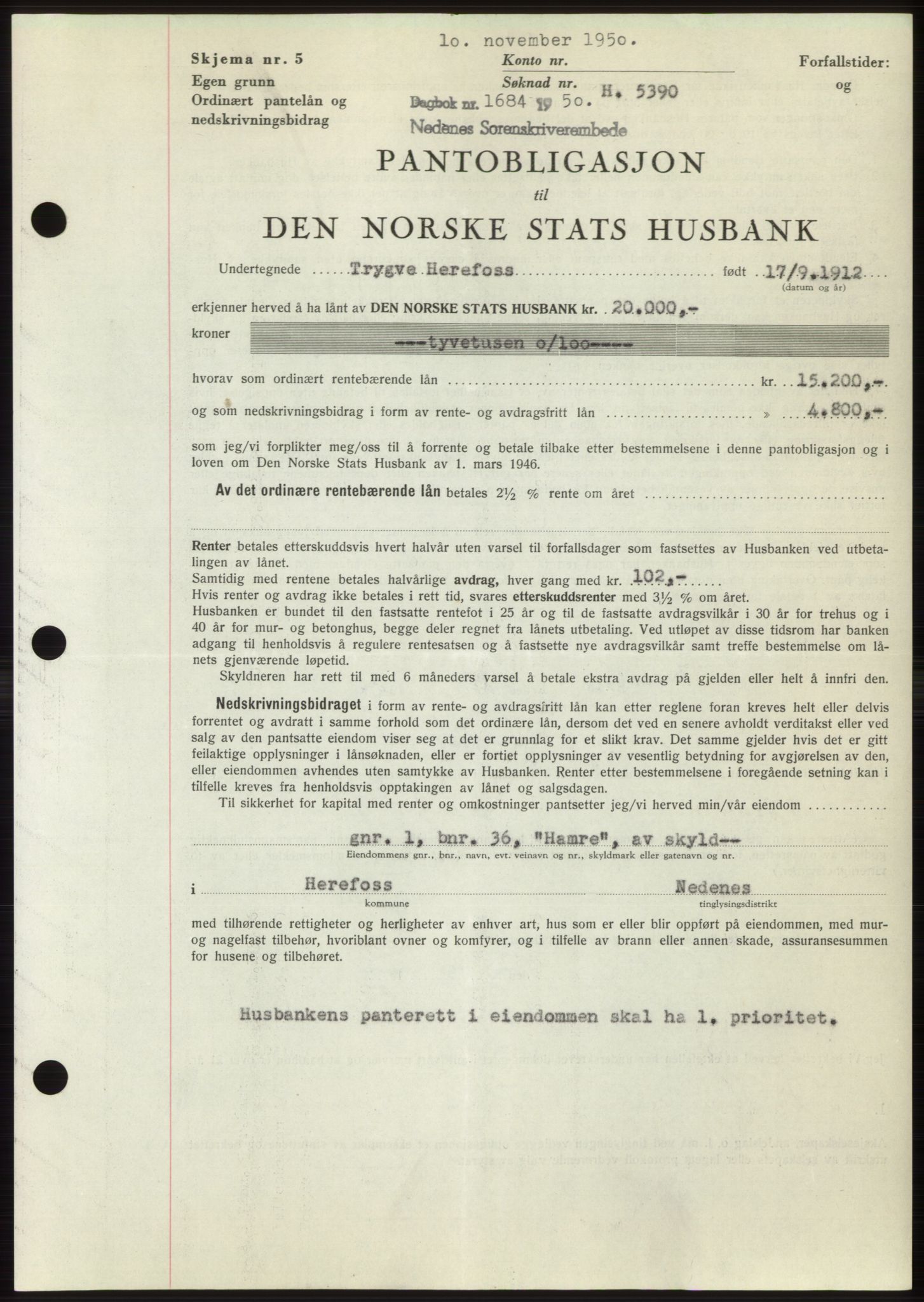 Nedenes sorenskriveri, SAK/1221-0006/G/Gb/Gbb/L0008: Pantebok nr. B8, 1950-1950, Dagboknr: 1684/1950