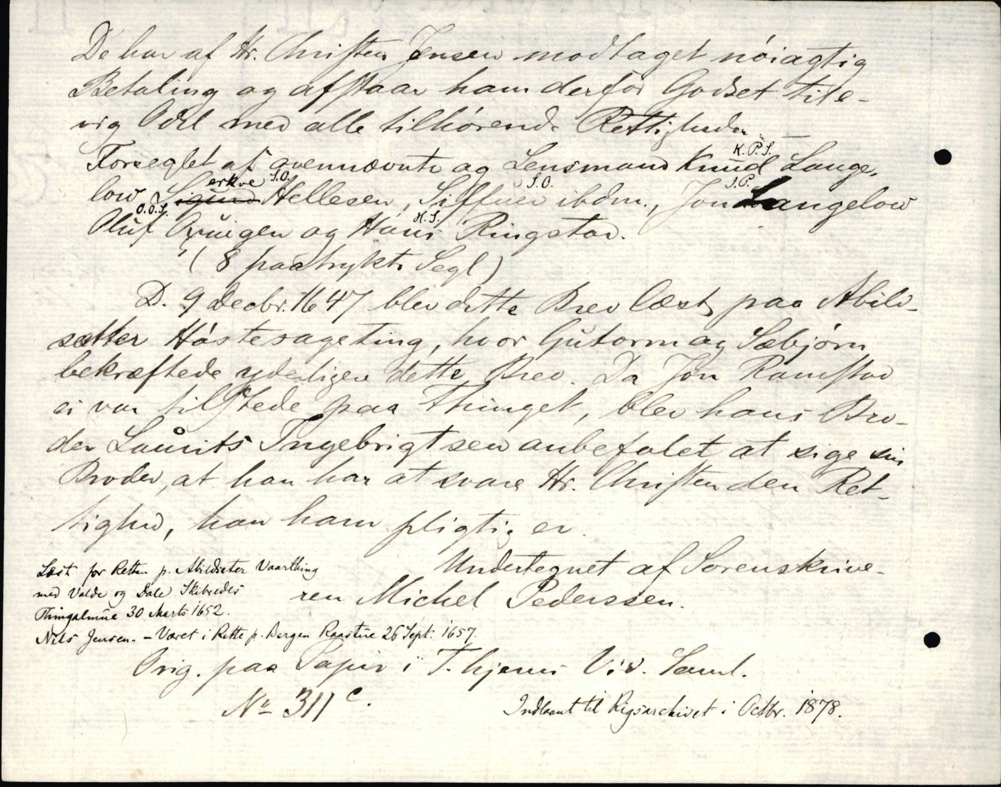 Riksarkivets diplomsamling, AV/RA-EA-5965/F35/F35d/L0004: Innlånte diplomer, seddelregister, 1643-1660, s. 130