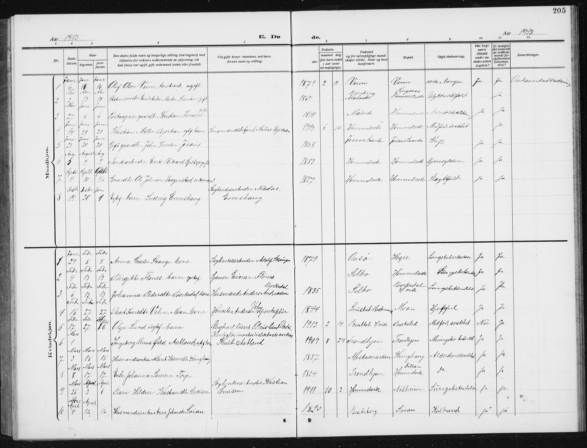 Ministerialprotokoller, klokkerbøker og fødselsregistre - Sør-Trøndelag, SAT/A-1456/617/L0431: Klokkerbok nr. 617C02, 1910-1936, s. 205