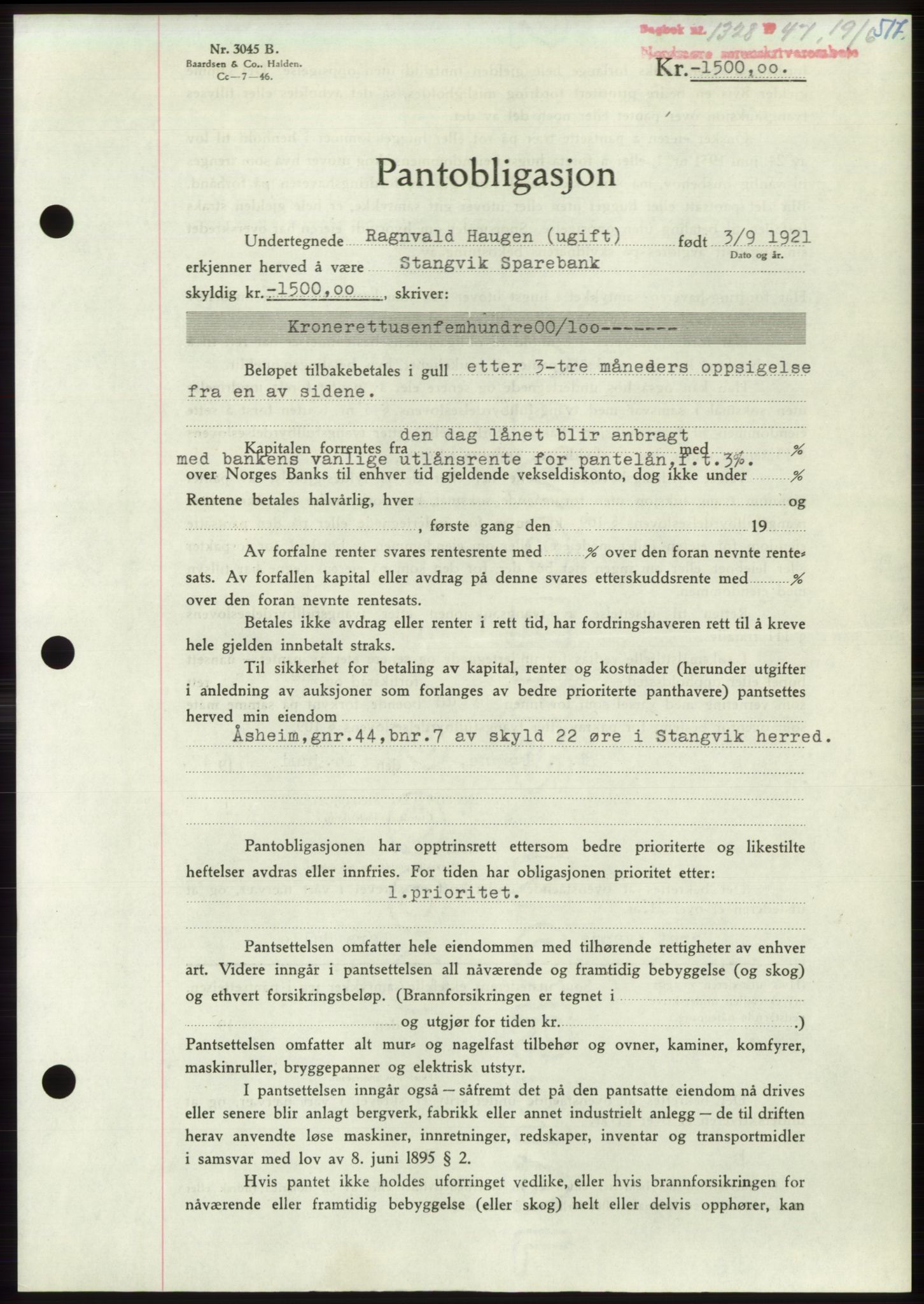 Nordmøre sorenskriveri, AV/SAT-A-4132/1/2/2Ca: Pantebok nr. B96, 1947-1947, Dagboknr: 1328/1947