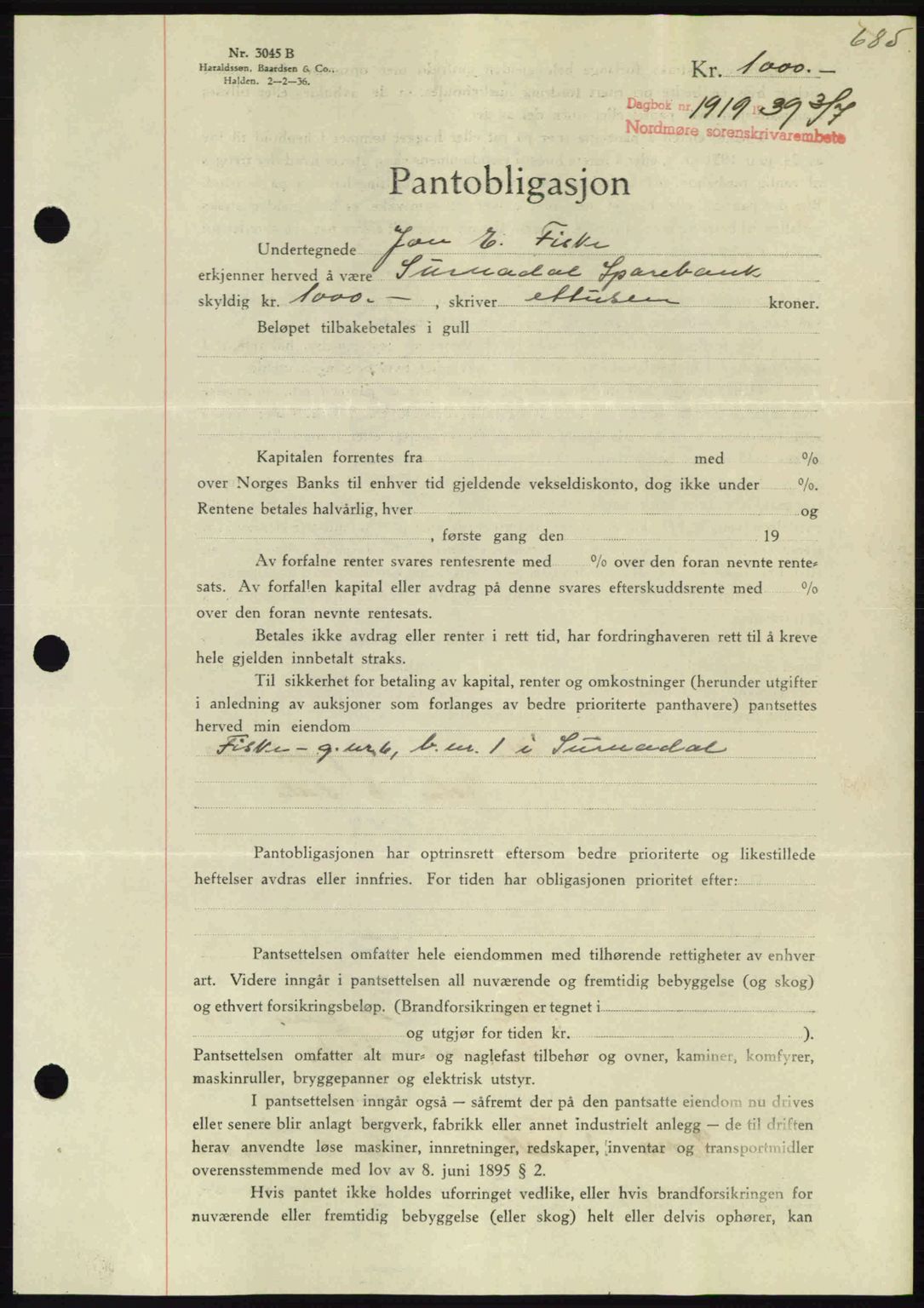 Nordmøre sorenskriveri, SAT/A-4132/1/2/2Ca: Pantebok nr. B85, 1939-1939, Dagboknr: 1919/1939