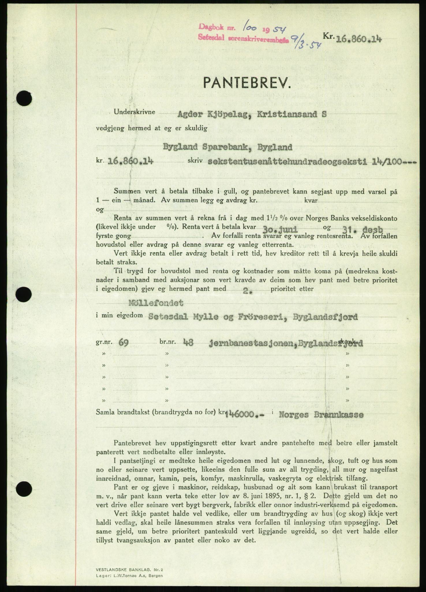 Setesdal sorenskriveri, SAK/1221-0011/G/Gb/L0052: Pantebok nr. B 40, 1954-1955, Dagboknr: 100/1954