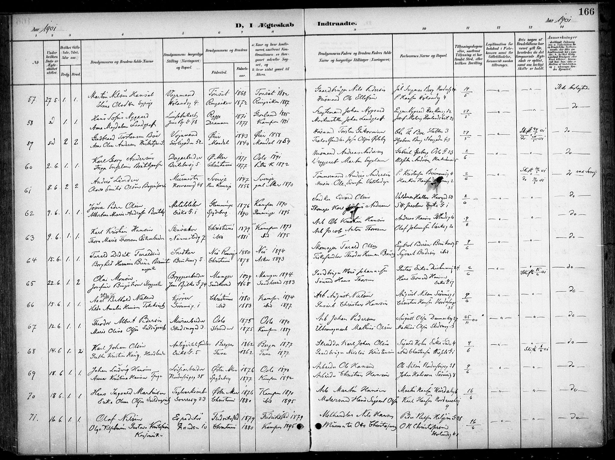 Kampen prestekontor Kirkebøker, AV/SAO-A-10853/F/Fa/L0009: Ministerialbok nr. I 9, 1899-1911, s. 166