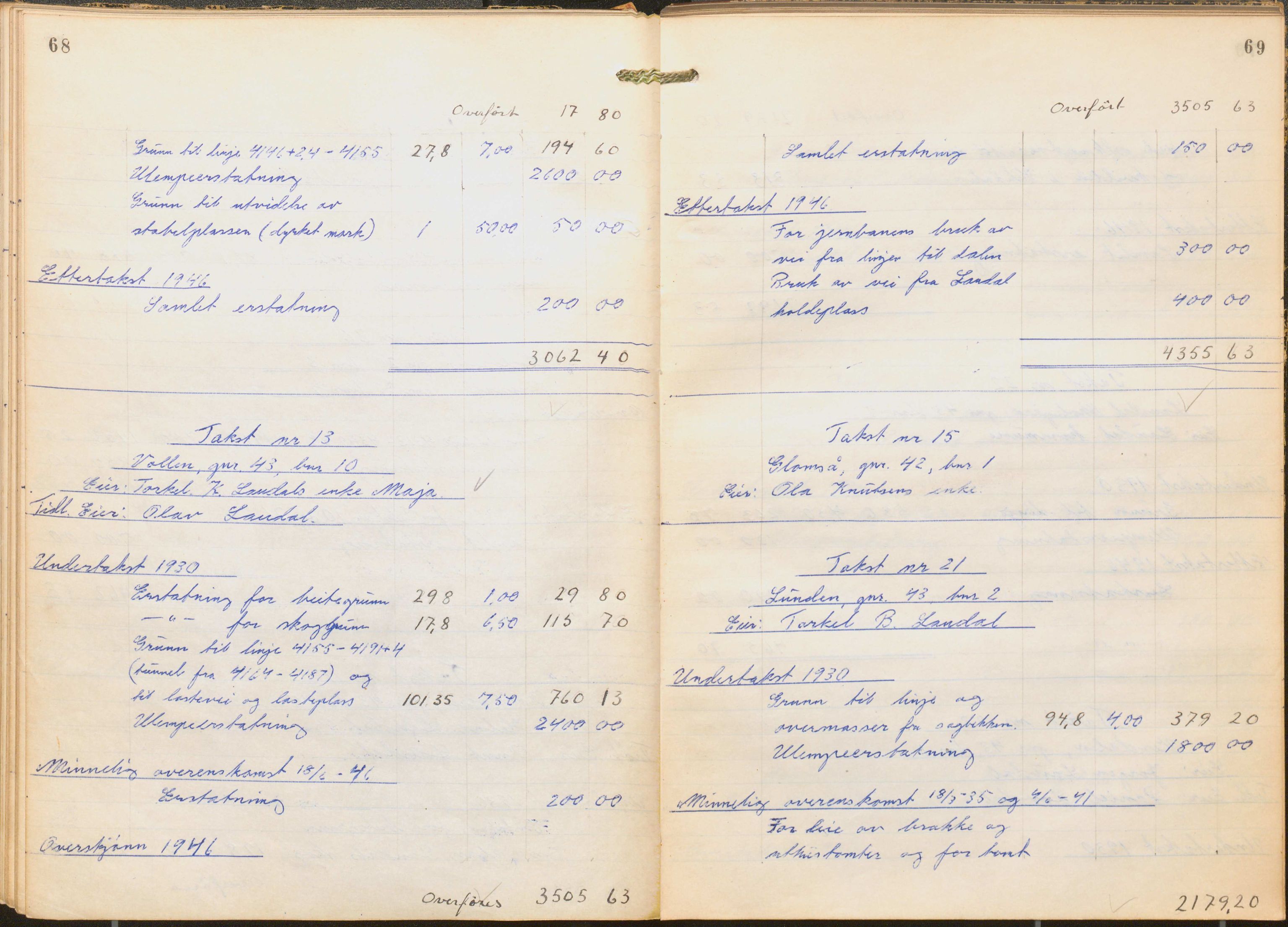 NSB Baneavdelingen, AV/SAK-1821-0004/F/Fc/Fch/L0256/0003: Grunnerstatninger, målebrev / Kartkonduktørprotokoll for Kristiansand - Moi, 1. og 2. avd., 1947, s. 68-69