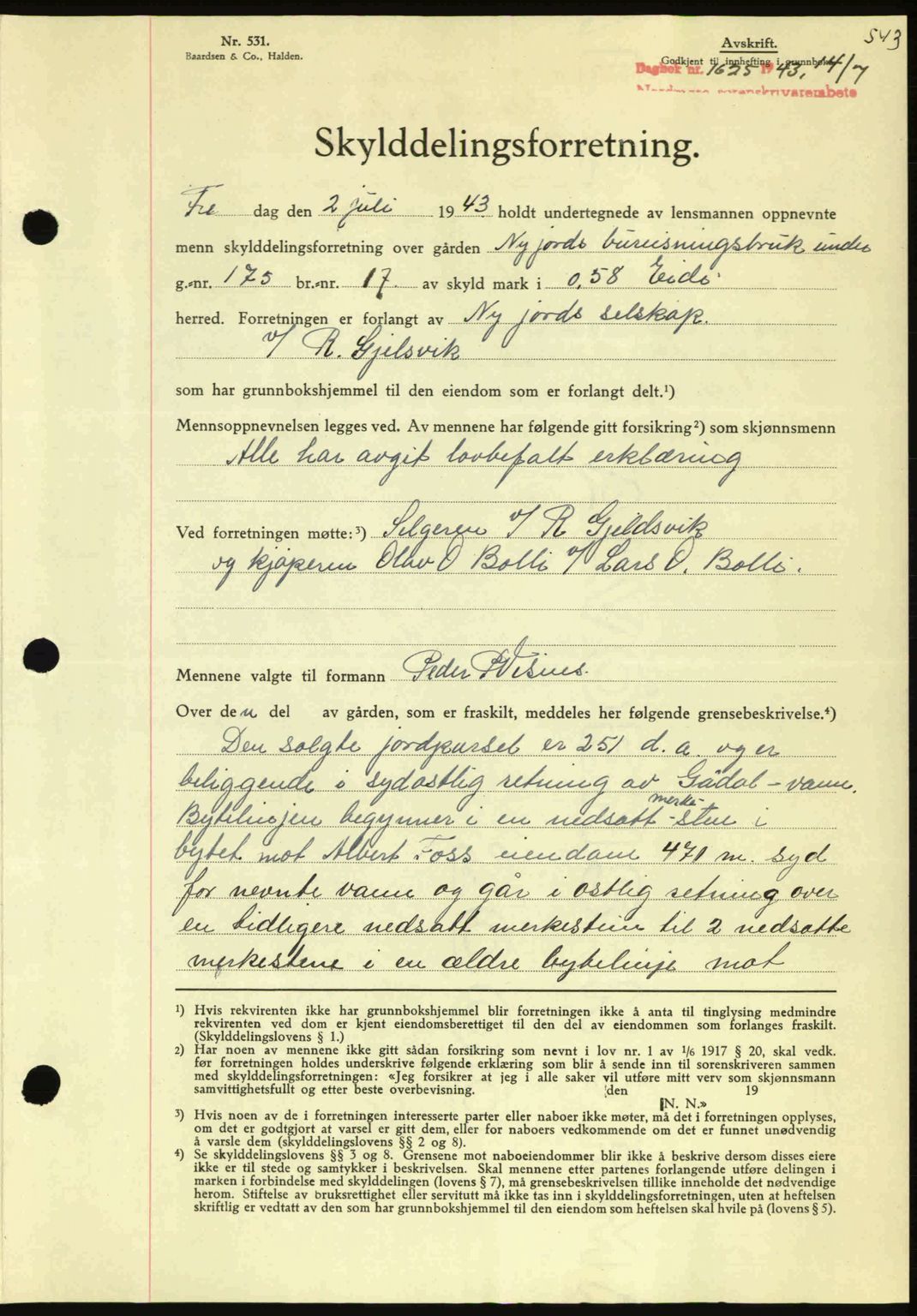 Nordmøre sorenskriveri, AV/SAT-A-4132/1/2/2Ca: Pantebok nr. A95, 1943-1943, Dagboknr: 1625/1943