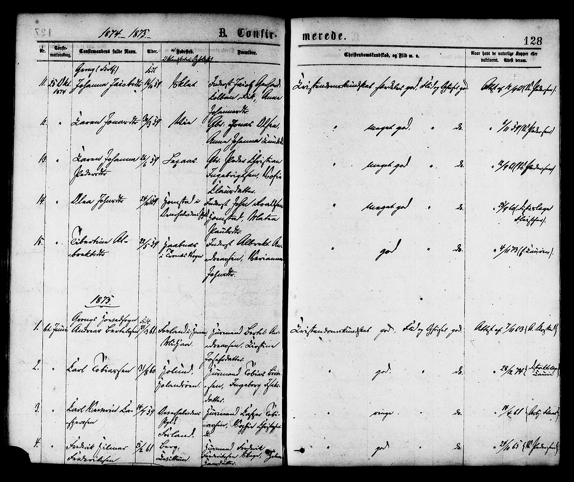 Ministerialprotokoller, klokkerbøker og fødselsregistre - Nord-Trøndelag, AV/SAT-A-1458/758/L0516: Ministerialbok nr. 758A03 /1, 1869-1879, s. 128