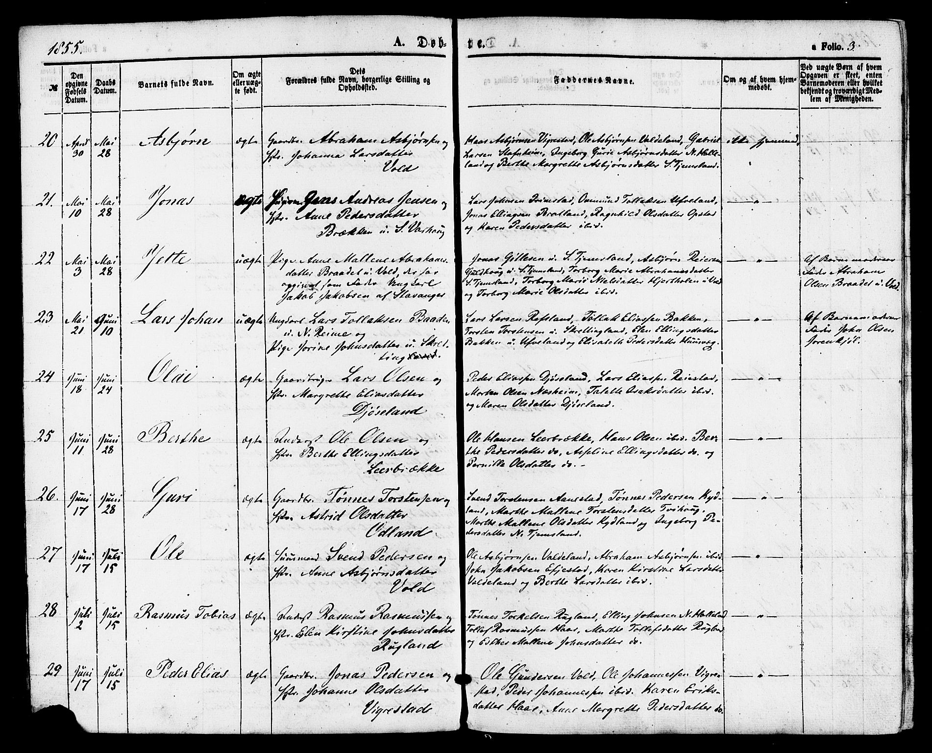 Hå sokneprestkontor, AV/SAST-A-101801/001/30BA/L0009: Ministerialbok nr. A 8, 1855-1878, s. 3