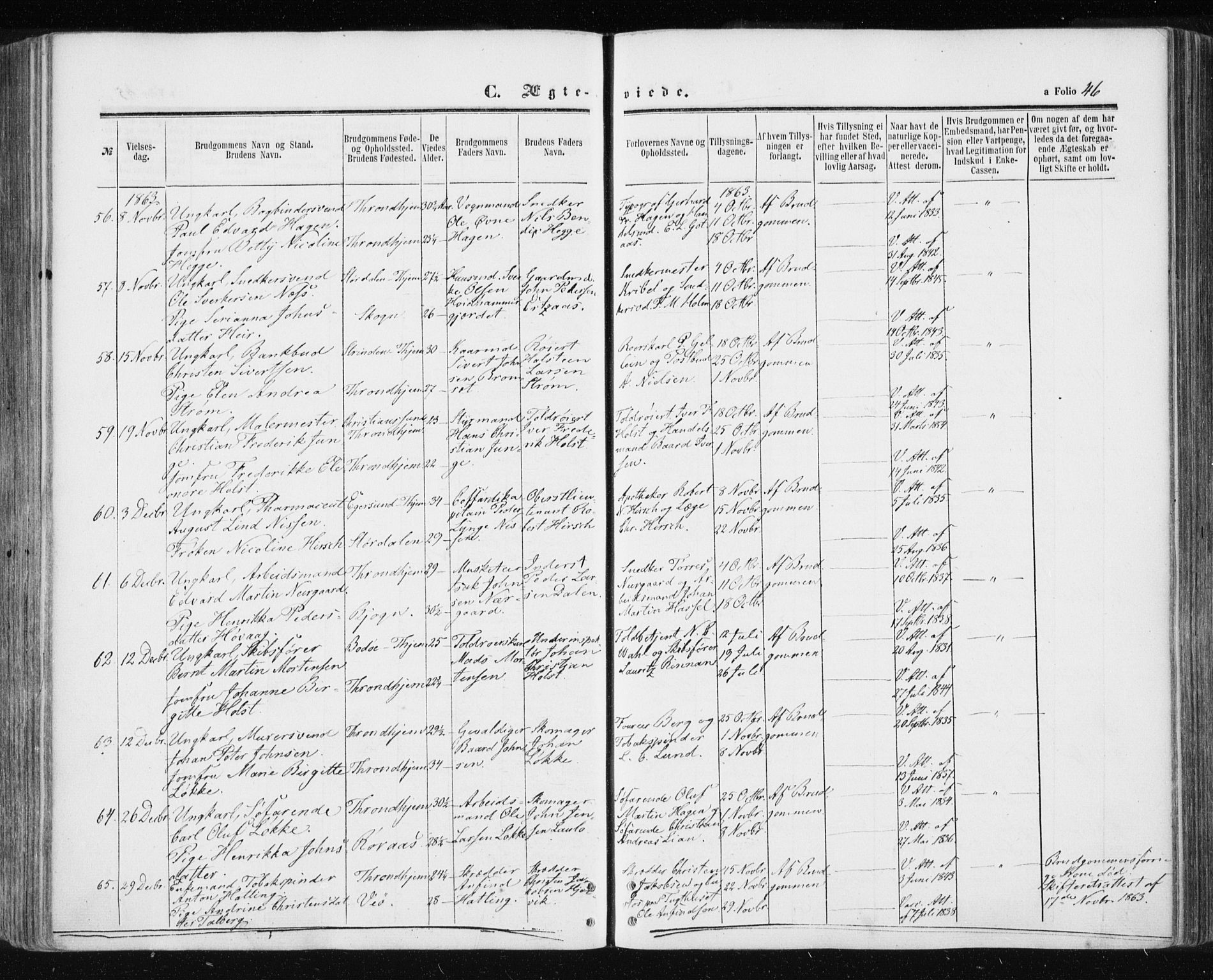 Ministerialprotokoller, klokkerbøker og fødselsregistre - Sør-Trøndelag, SAT/A-1456/601/L0053: Ministerialbok nr. 601A21, 1857-1865, s. 46