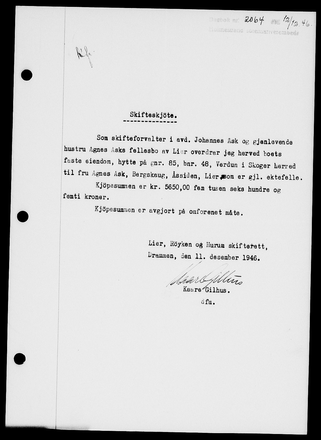 Holmestrand sorenskriveri, SAKO/A-67/G/Ga/Gaa/L0061: Pantebok nr. A-61, 1946-1947, Dagboknr: 2064/1946