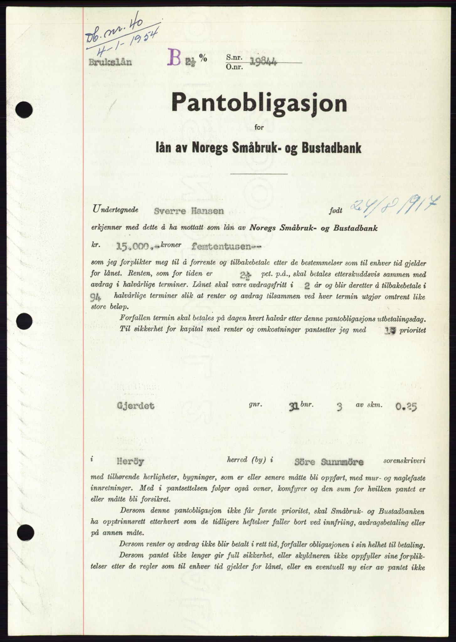 Søre Sunnmøre sorenskriveri, SAT/A-4122/1/2/2C/L0124: Pantebok nr. 12B, 1953-1954, Dagboknr: 40/1954