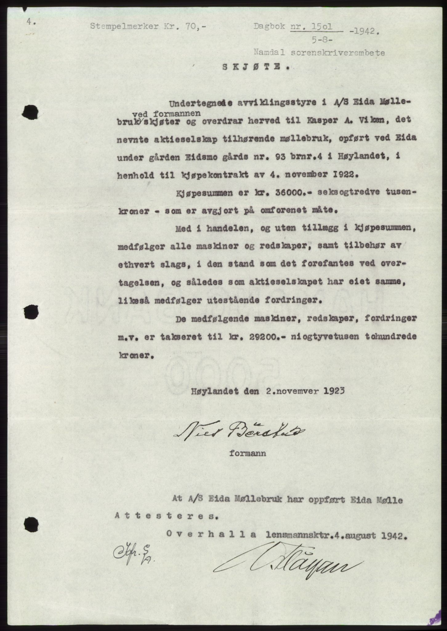 Namdal sorenskriveri, SAT/A-4133/1/2/2C: Pantebok nr. -, 1942-1943, Dagboknr: 1501/1942