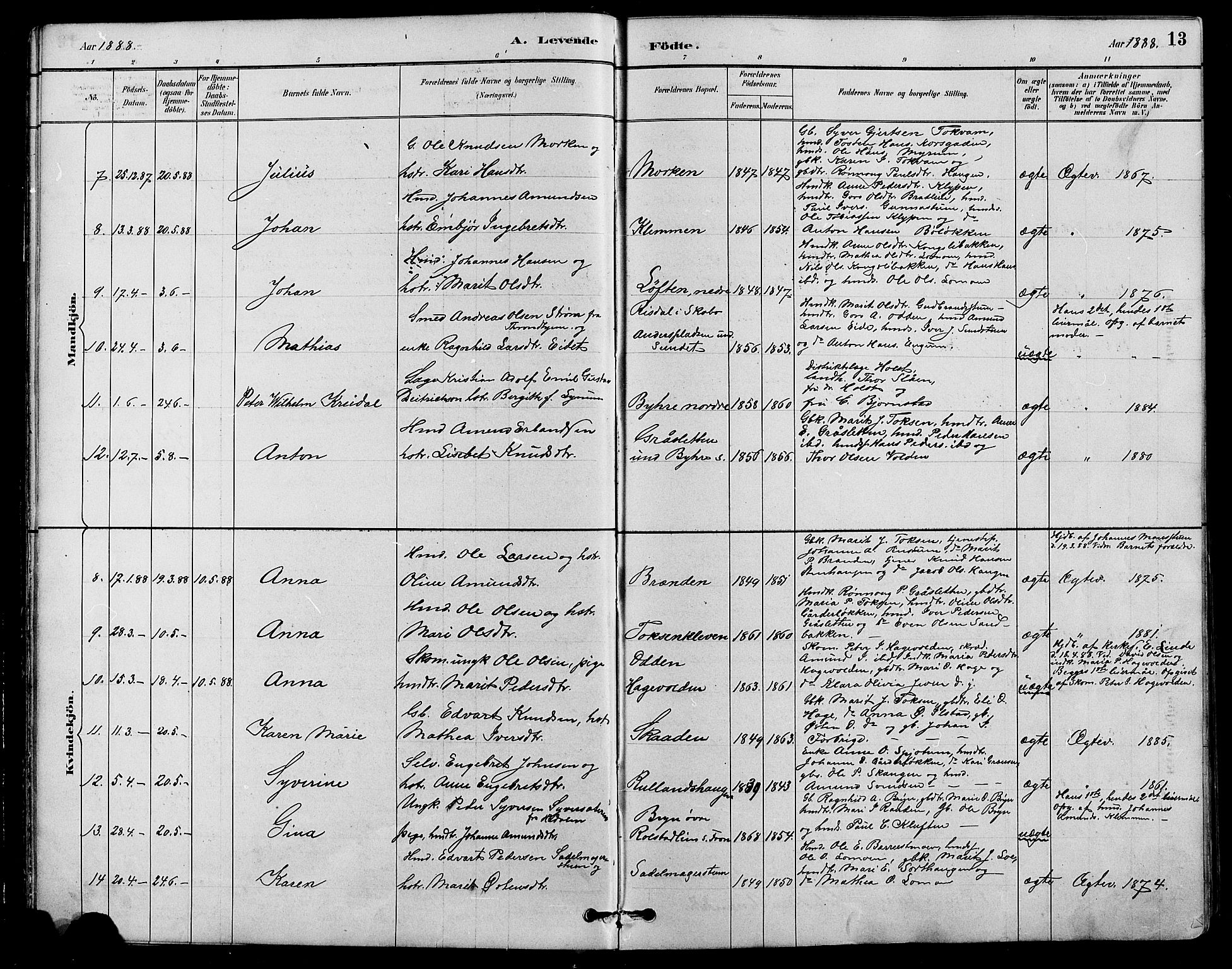 Nord-Fron prestekontor, AV/SAH-PREST-080/H/Ha/Hab/L0004: Klokkerbok nr. 4, 1884-1914, s. 13