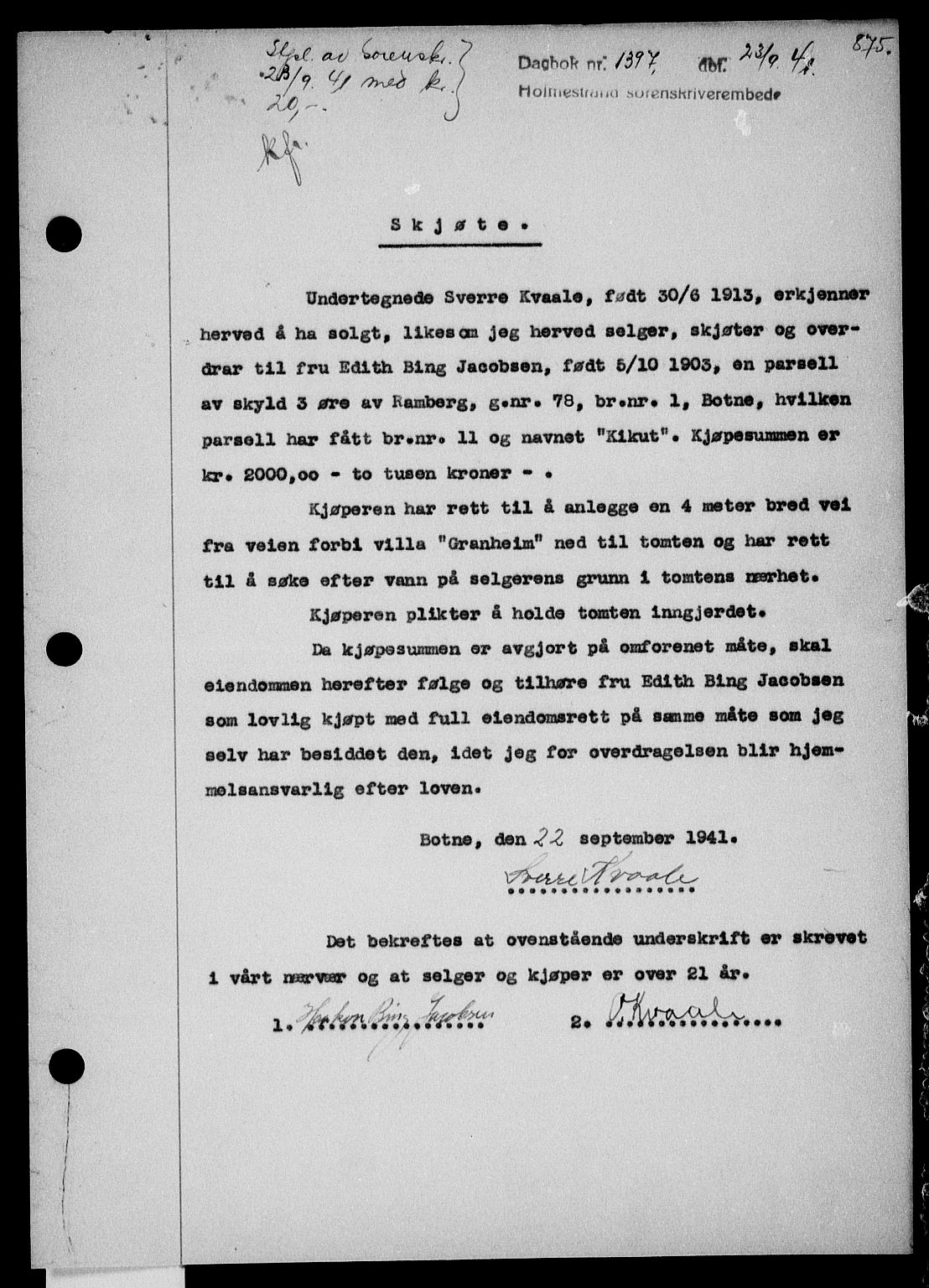 Holmestrand sorenskriveri, SAKO/A-67/G/Ga/Gaa/L0053: Pantebok nr. A-53, 1941-1941, Dagboknr: 1397/1941