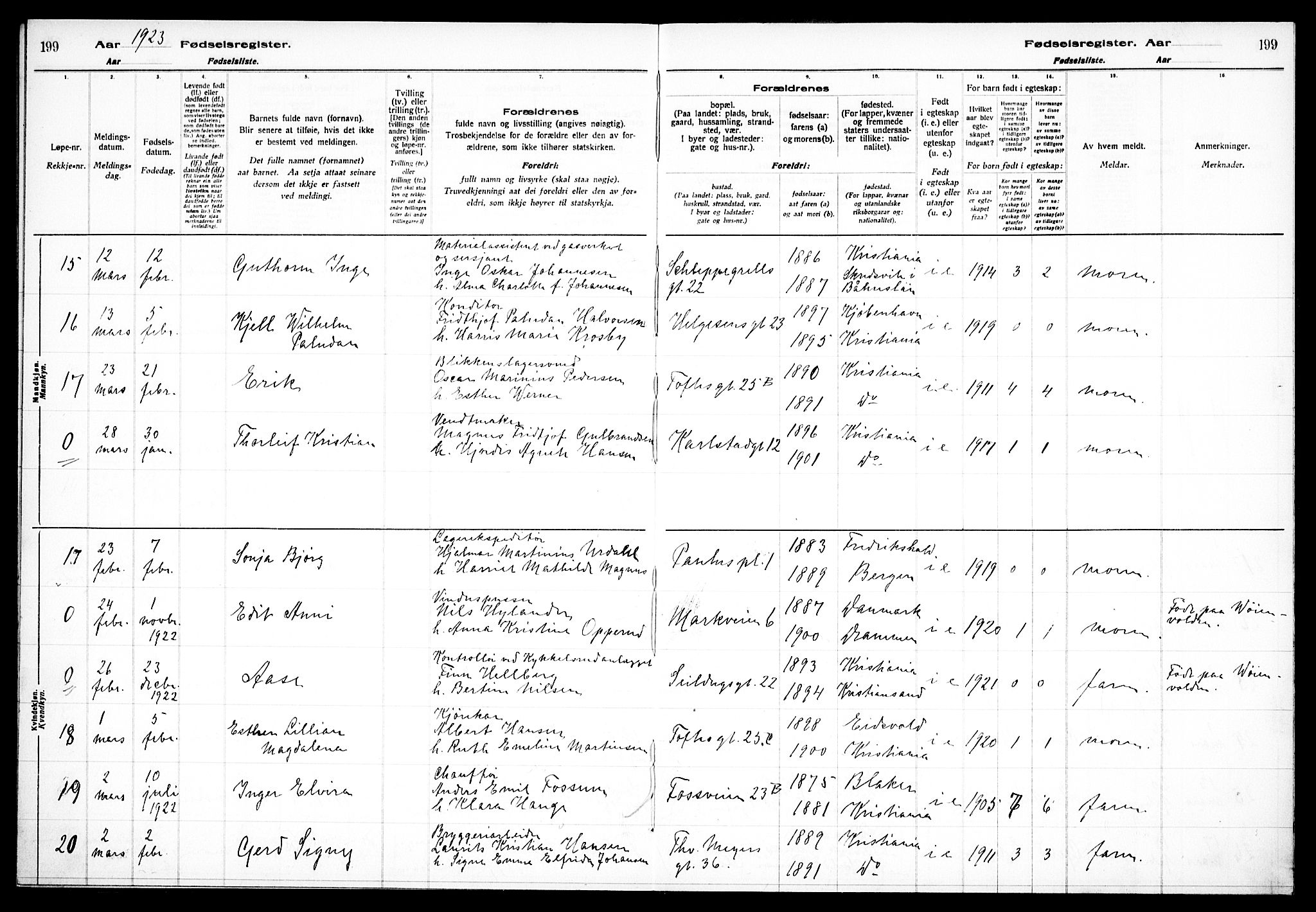 Paulus prestekontor Kirkebøker, AV/SAO-A-10871/J/Ja/L0001: Fødselsregister nr. 1, 1916-1923, s. 199