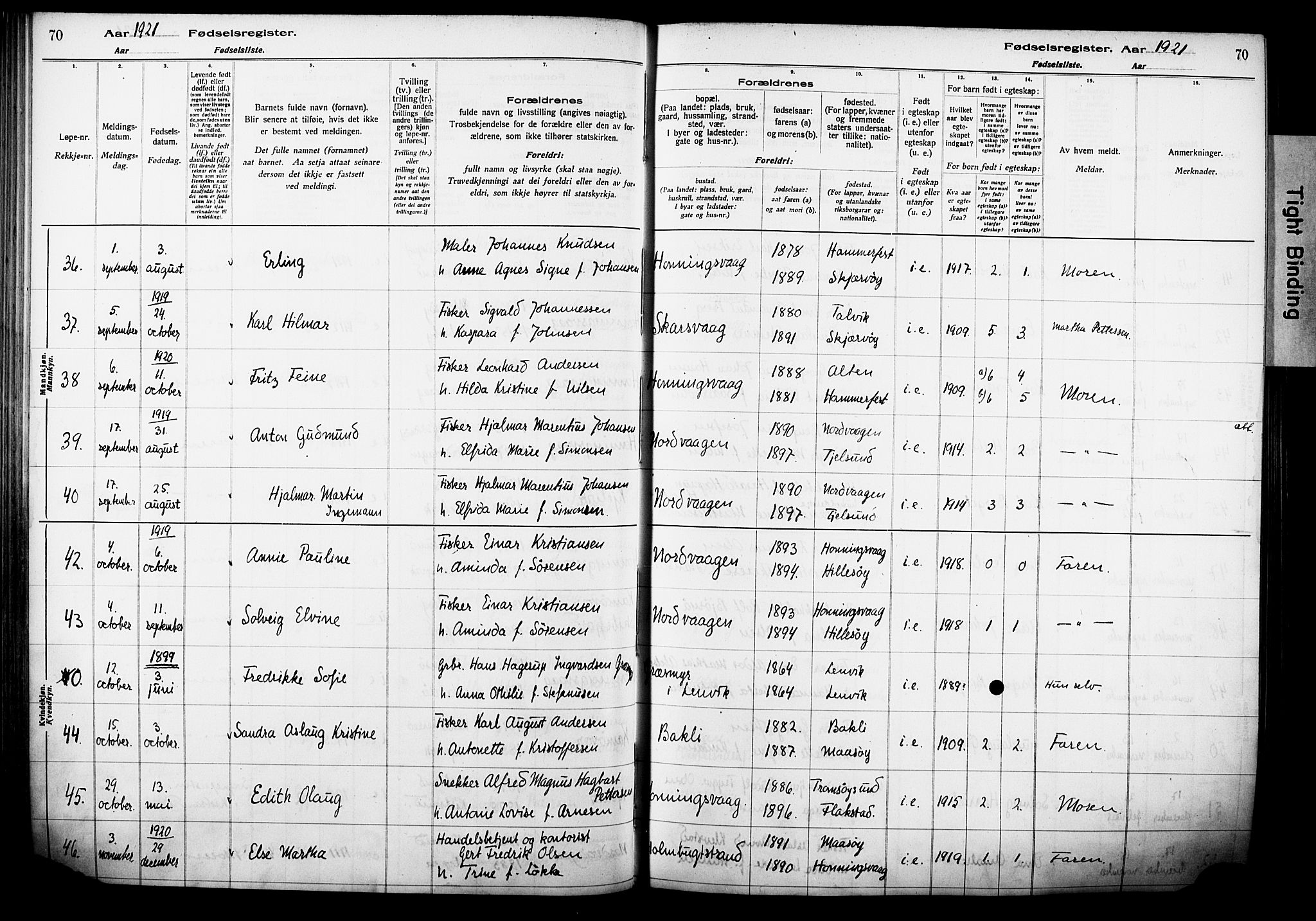 Kjelvik/Nordkapp sokneprestkontor, AV/SATØ-S-1350/I/Ia/L0015: Fødselsregister nr. 15, 1916-1930, s. 70