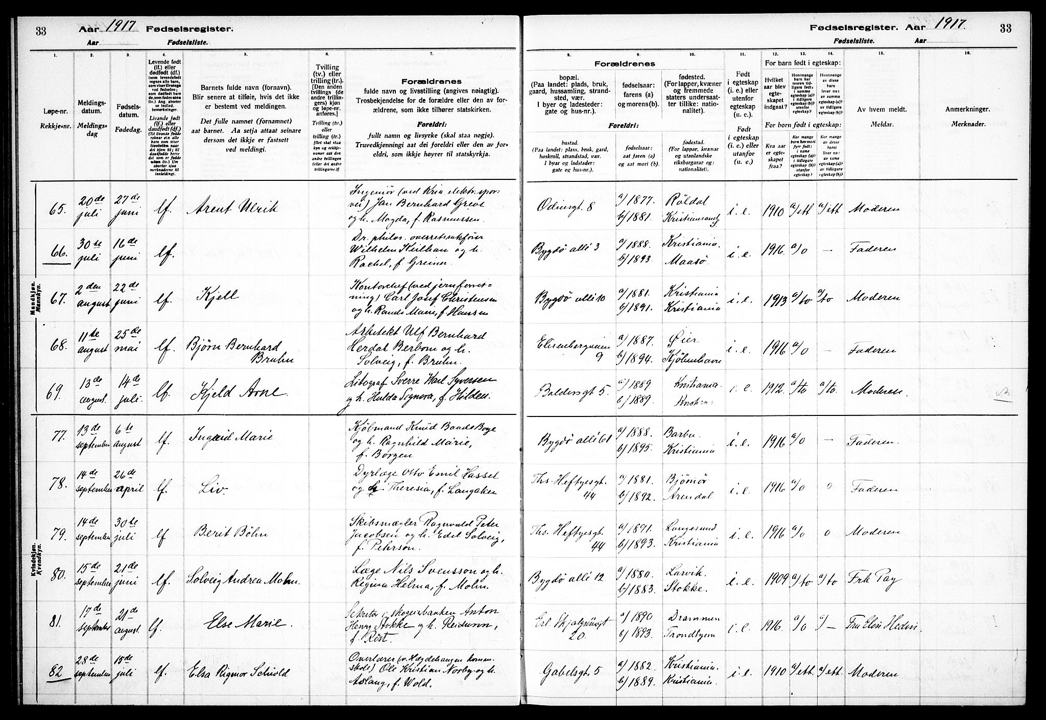 Frogner prestekontor Kirkebøker, SAO/A-10886/J/Ja/L0001: Fødselsregister nr. 1, 1916-1927, s. 33