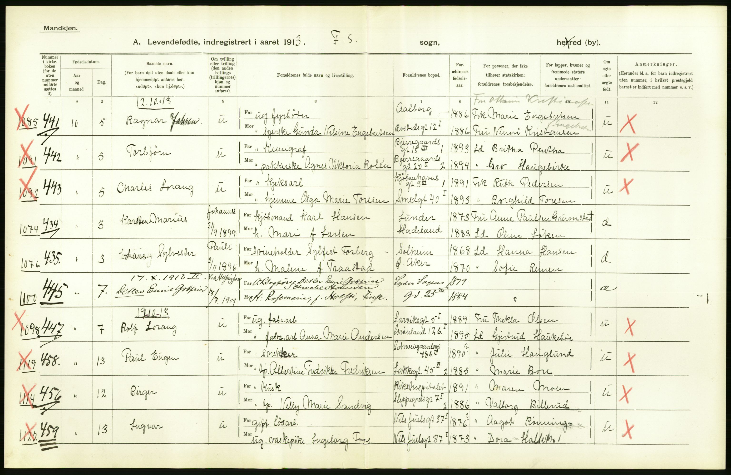 Statistisk sentralbyrå, Sosiodemografiske emner, Befolkning, AV/RA-S-2228/D/Df/Dfb/Dfbc/L0007: Kristiania: Levendefødte menn og kvinner., 1913, s. 32