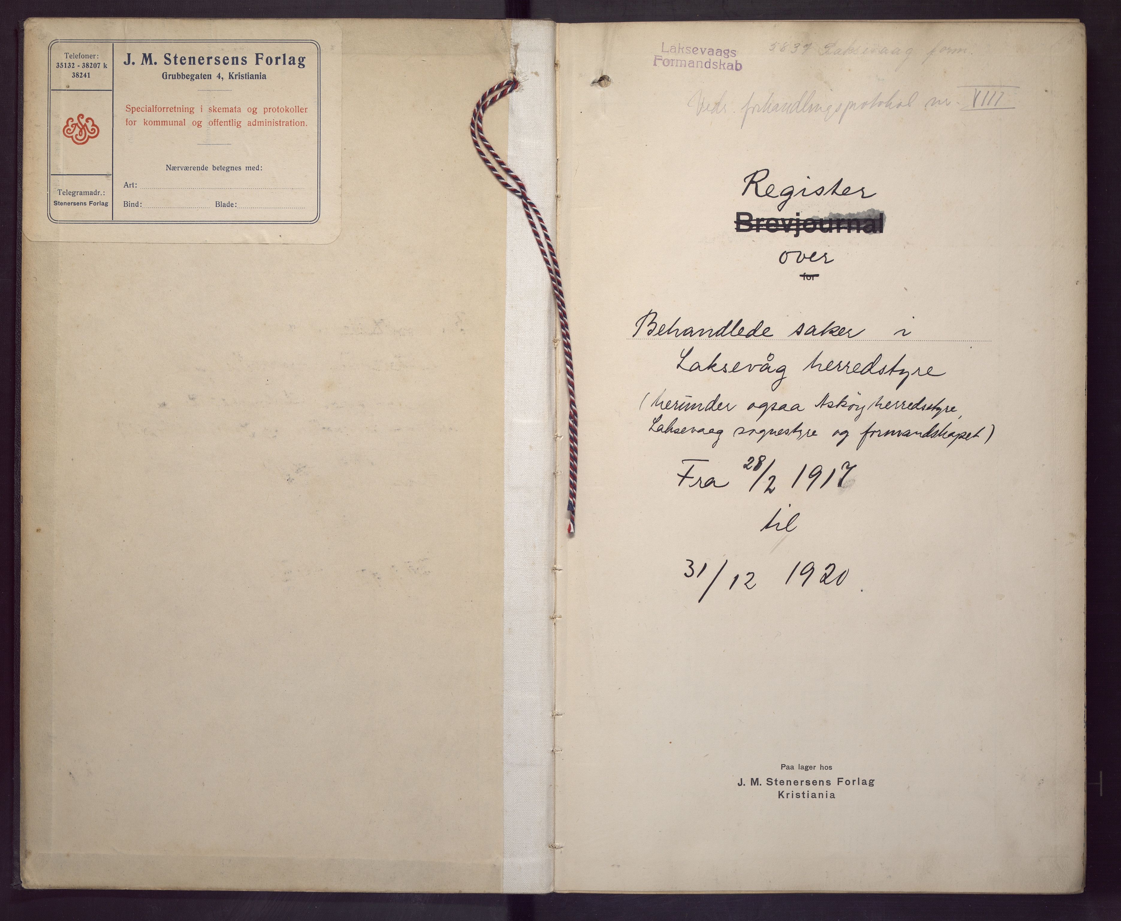 Laksevåg kommune. Formannskapet, BBA/A-1543/Aa/L0001: Register, 1917-1920