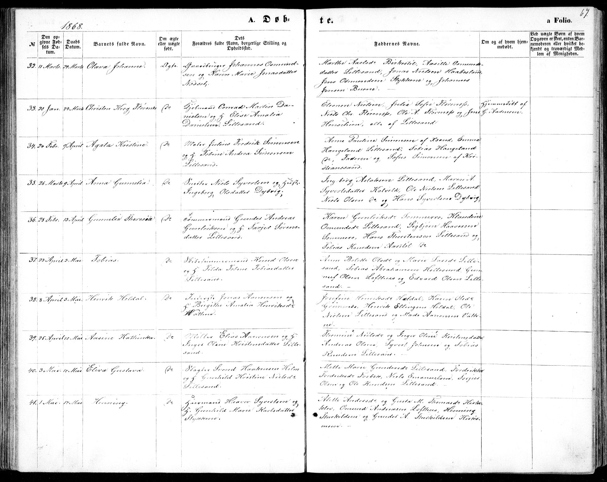 Vestre Moland sokneprestkontor, AV/SAK-1111-0046/F/Fb/Fbb/L0004: Klokkerbok nr. B 4, 1861-1872, s. 67