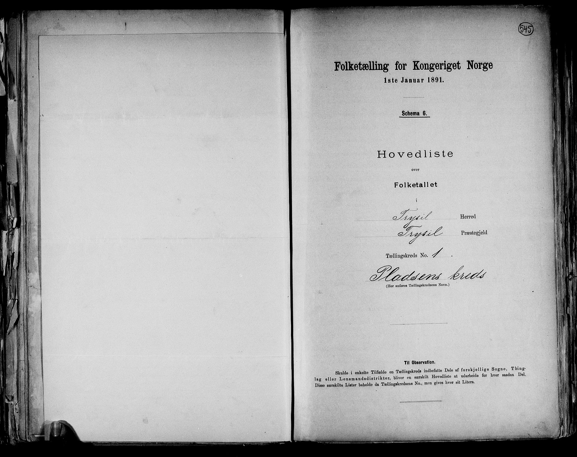 RA, Folketelling 1891 for 0428 Trysil herred, 1891, s. 6