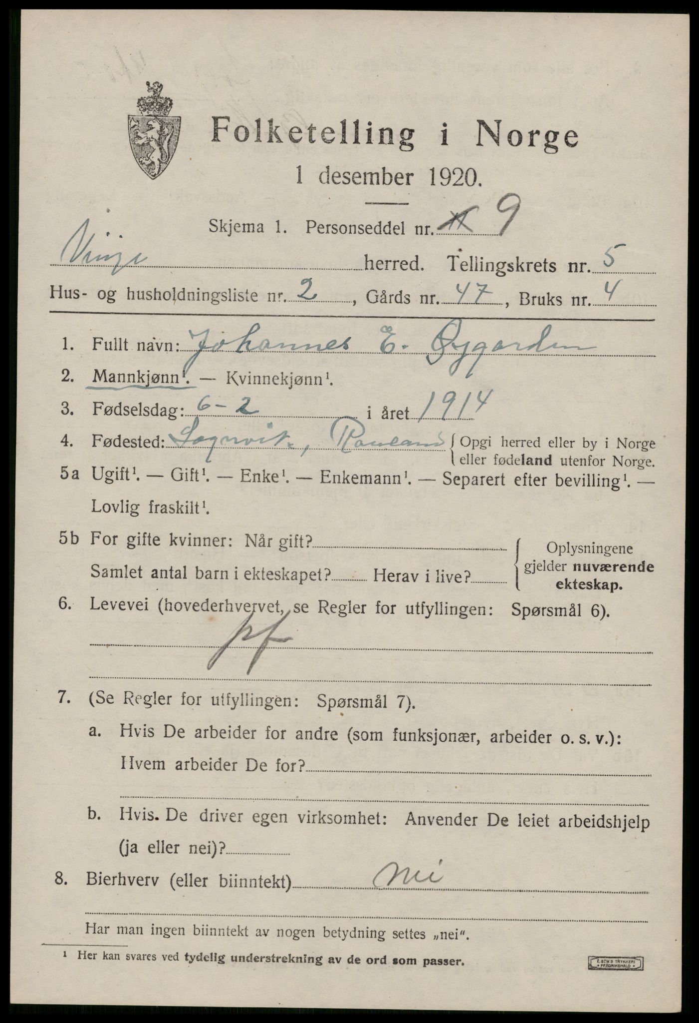 SAKO, Folketelling 1920 for 0834 Vinje herred, 1920, s. 1631