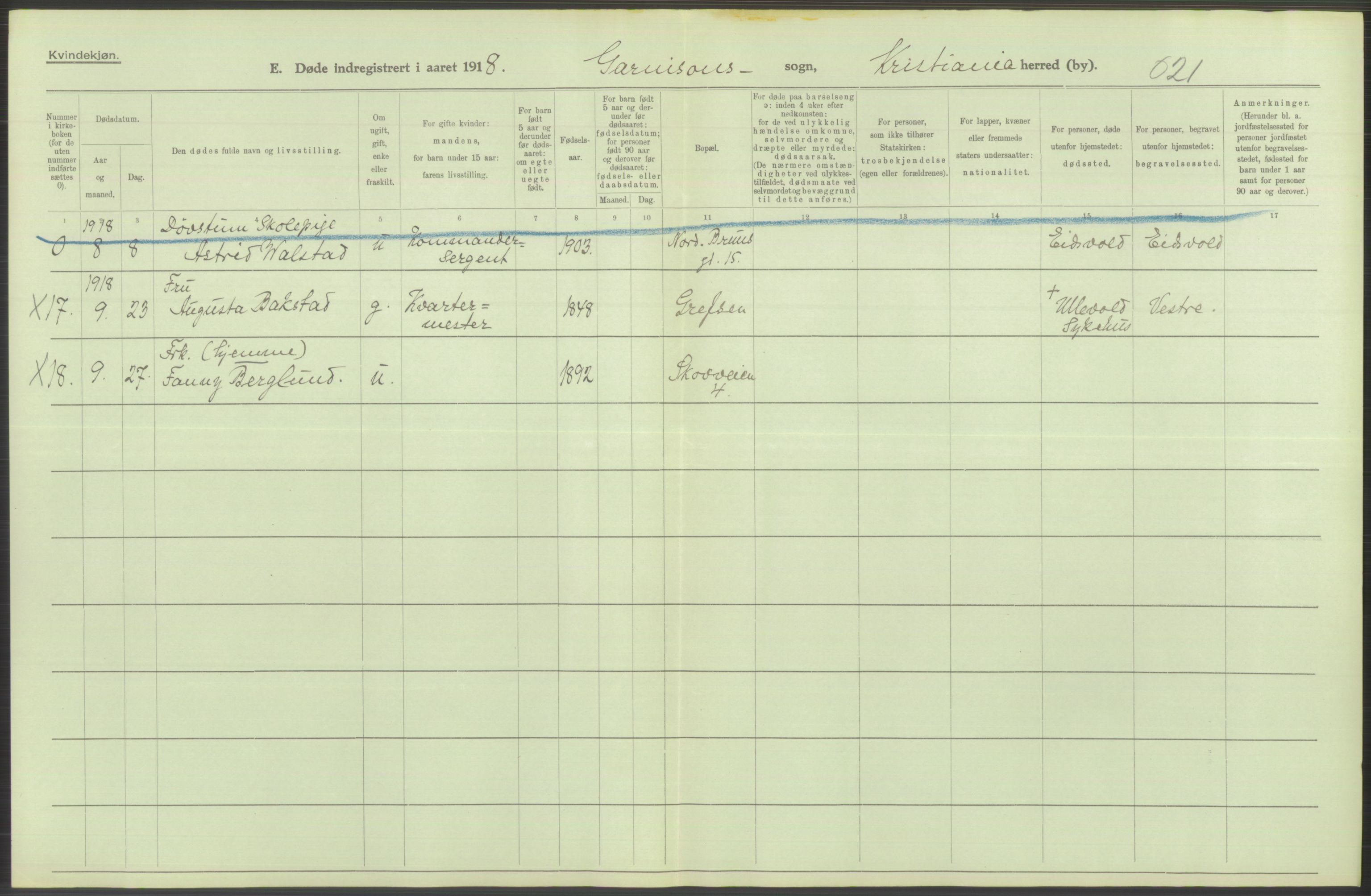 Statistisk sentralbyrå, Sosiodemografiske emner, Befolkning, AV/RA-S-2228/D/Df/Dfb/Dfbh/L0011: Kristiania: Døde, dødfødte, 1918, s. 260