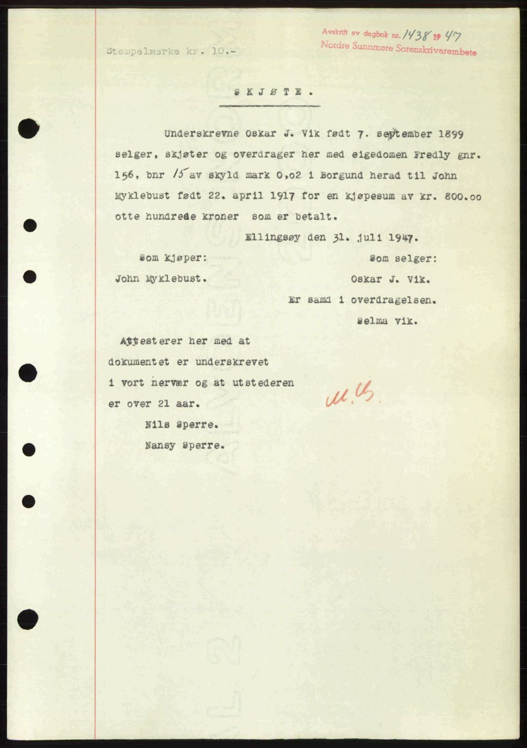 Nordre Sunnmøre sorenskriveri, AV/SAT-A-0006/1/2/2C/2Ca: Pantebok nr. A25, 1947-1947, Dagboknr: 1438/1947