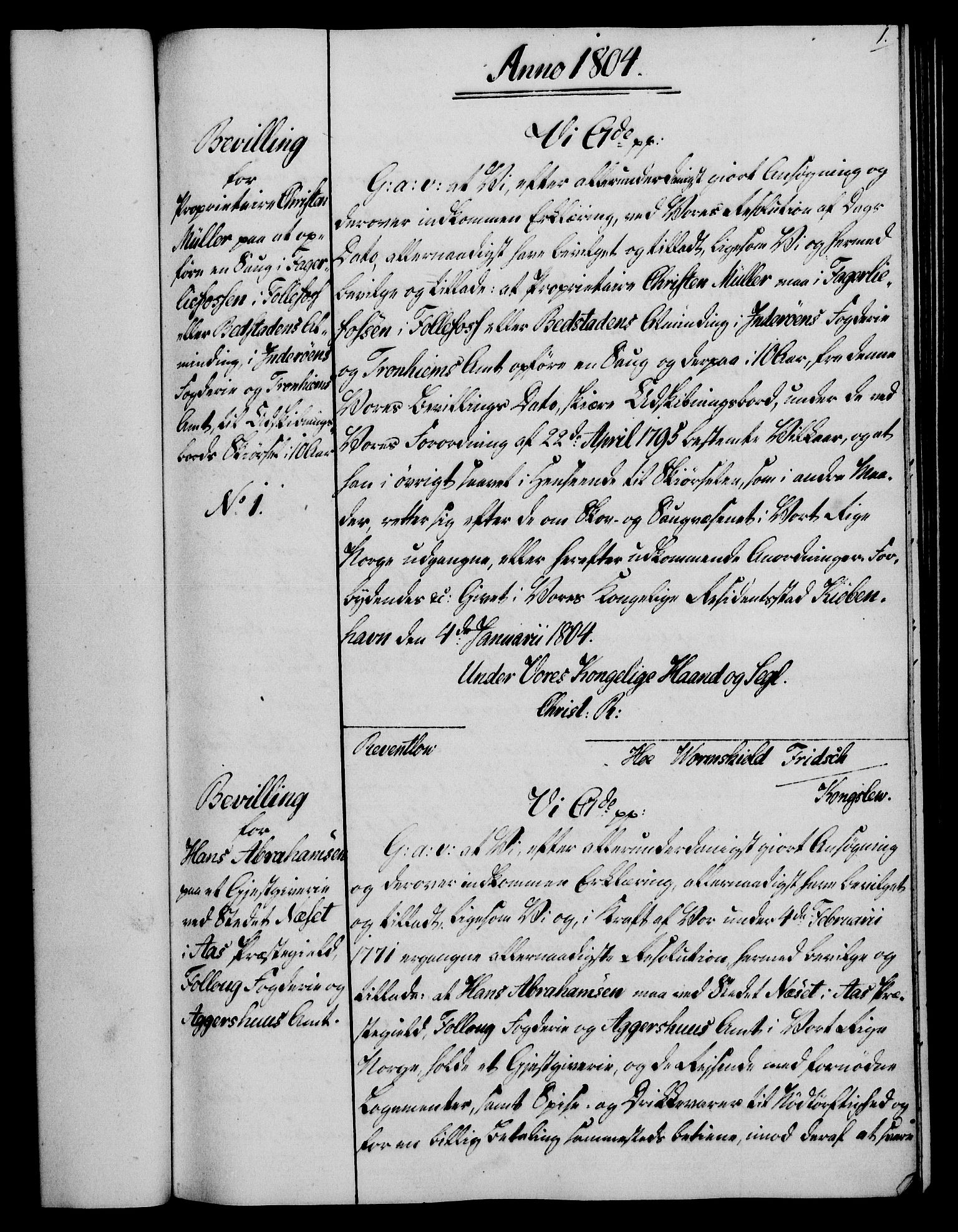Rentekammeret, Kammerkanselliet, AV/RA-EA-3111/G/Gg/Gga/L0018: Norsk ekspedisjonsprotokoll med register (merket RK 53.18), 1804-1806, s. 1