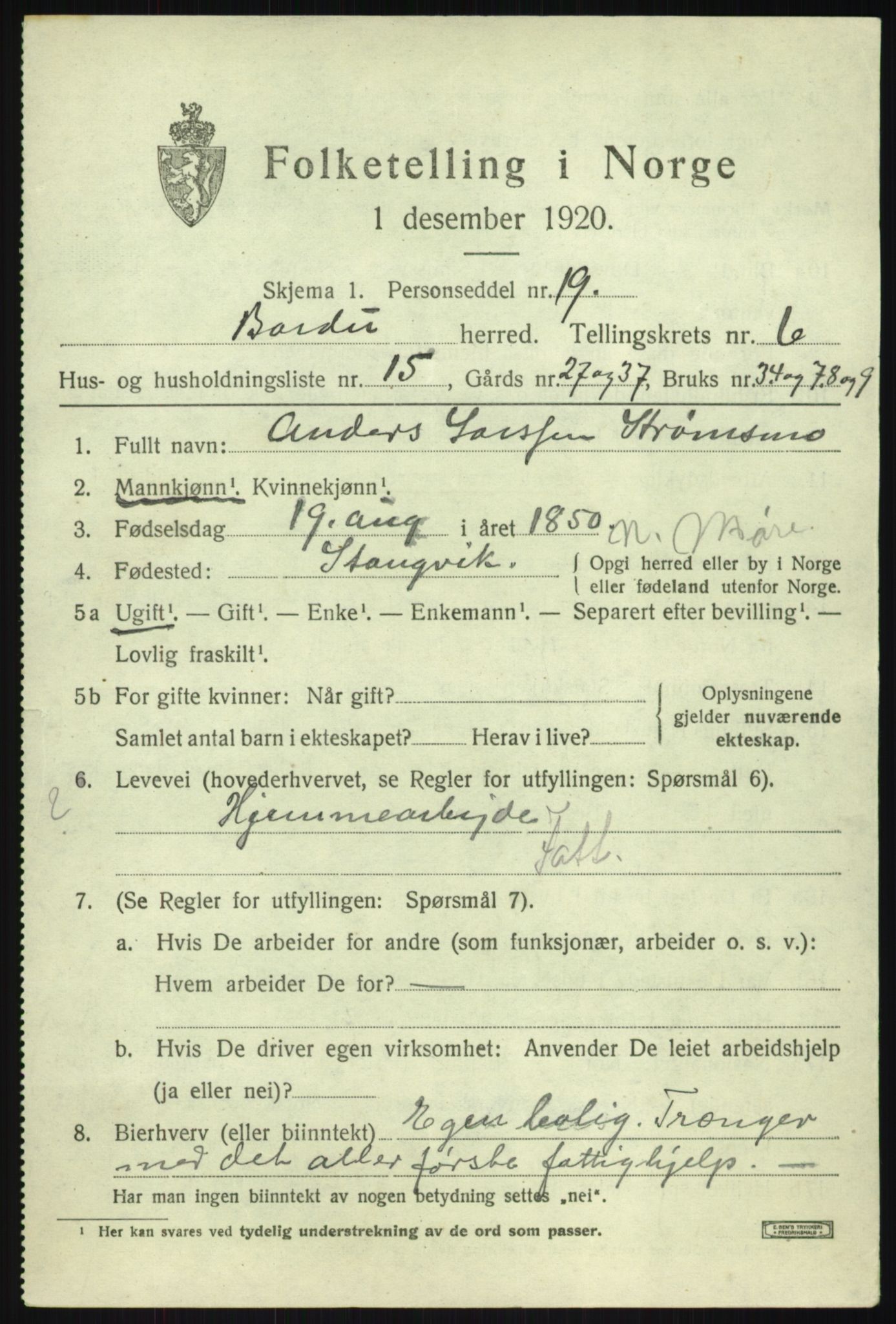 SATØ, Folketelling 1920 for 1922 Bardu herred, 1920, s. 2710