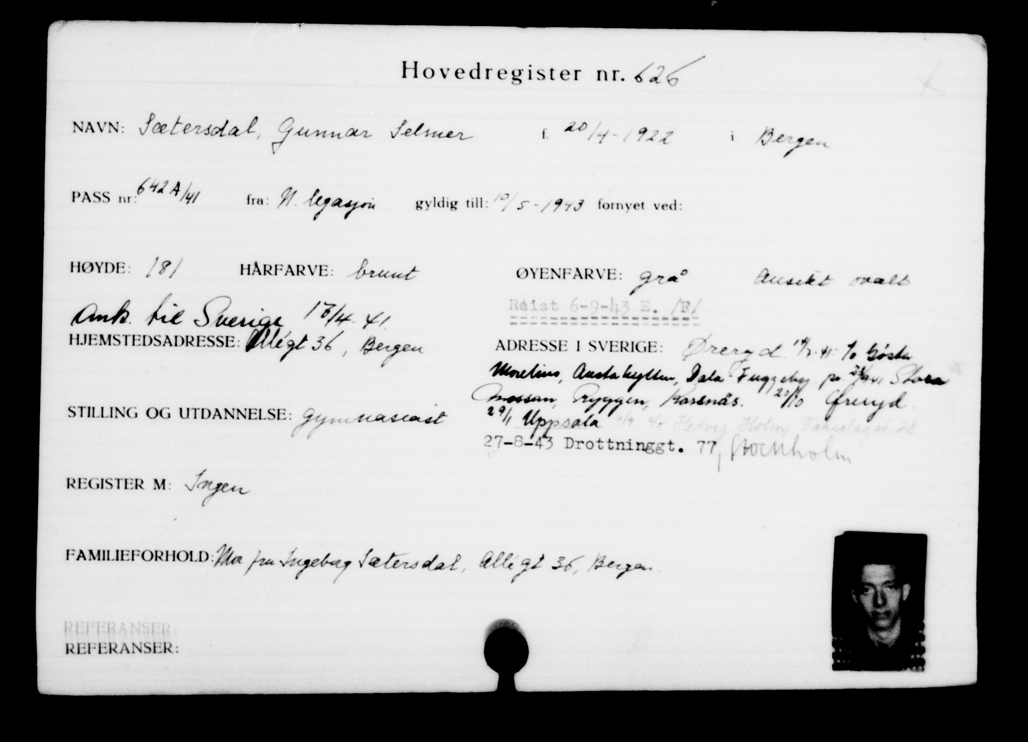 Utenriksstasjonene, Legasjonen i Stockholm, Flyktningkontoret, AV/RA-S-6753/V/Va/L0001: Kjesäterkartoteket, flyktninger med registreringsnr. 1-1000, 1940-1945, s. 980