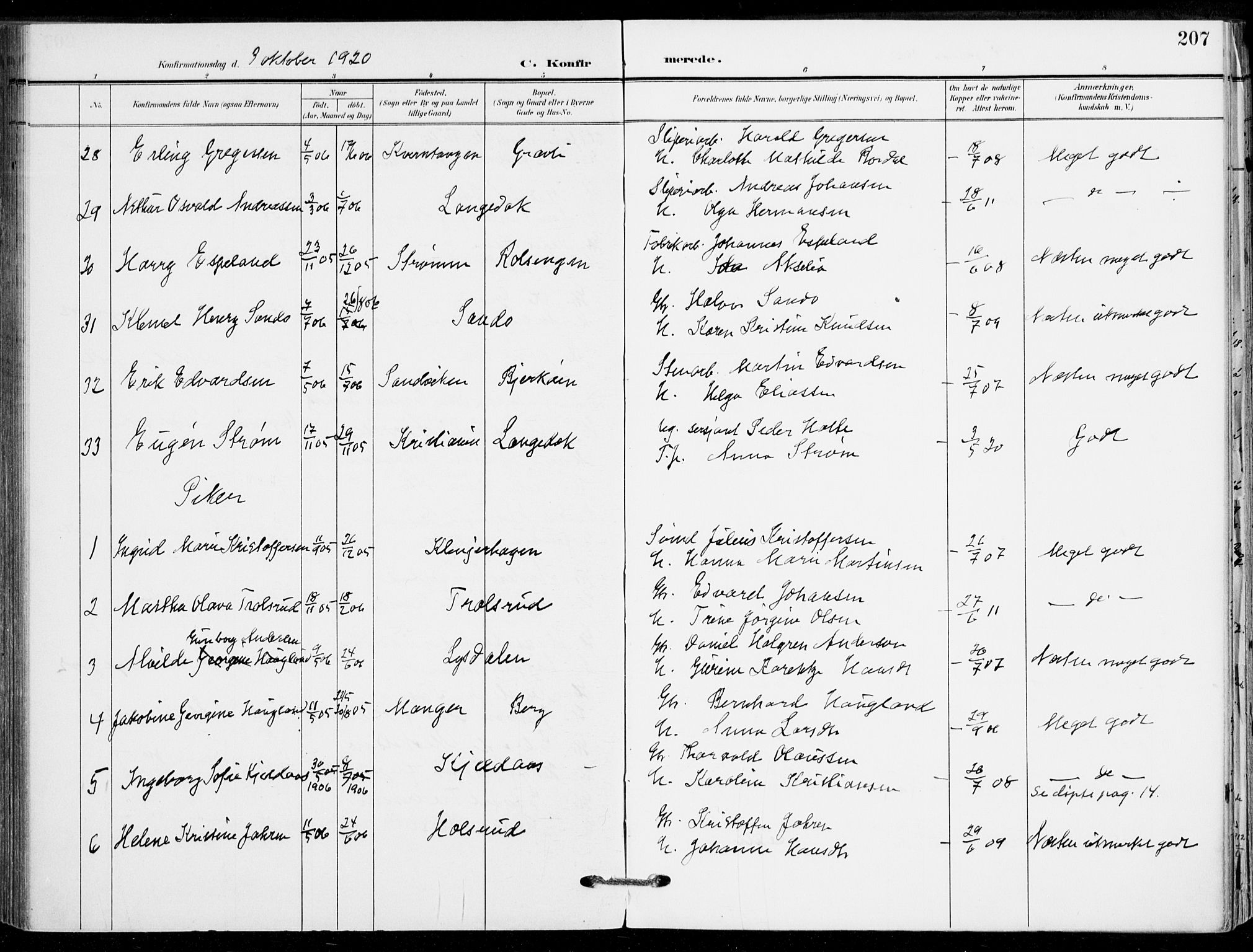 Sande Kirkebøker, AV/SAKO-A-53/F/Fa/L0008: Ministerialbok nr. 8, 1904-1921, s. 207