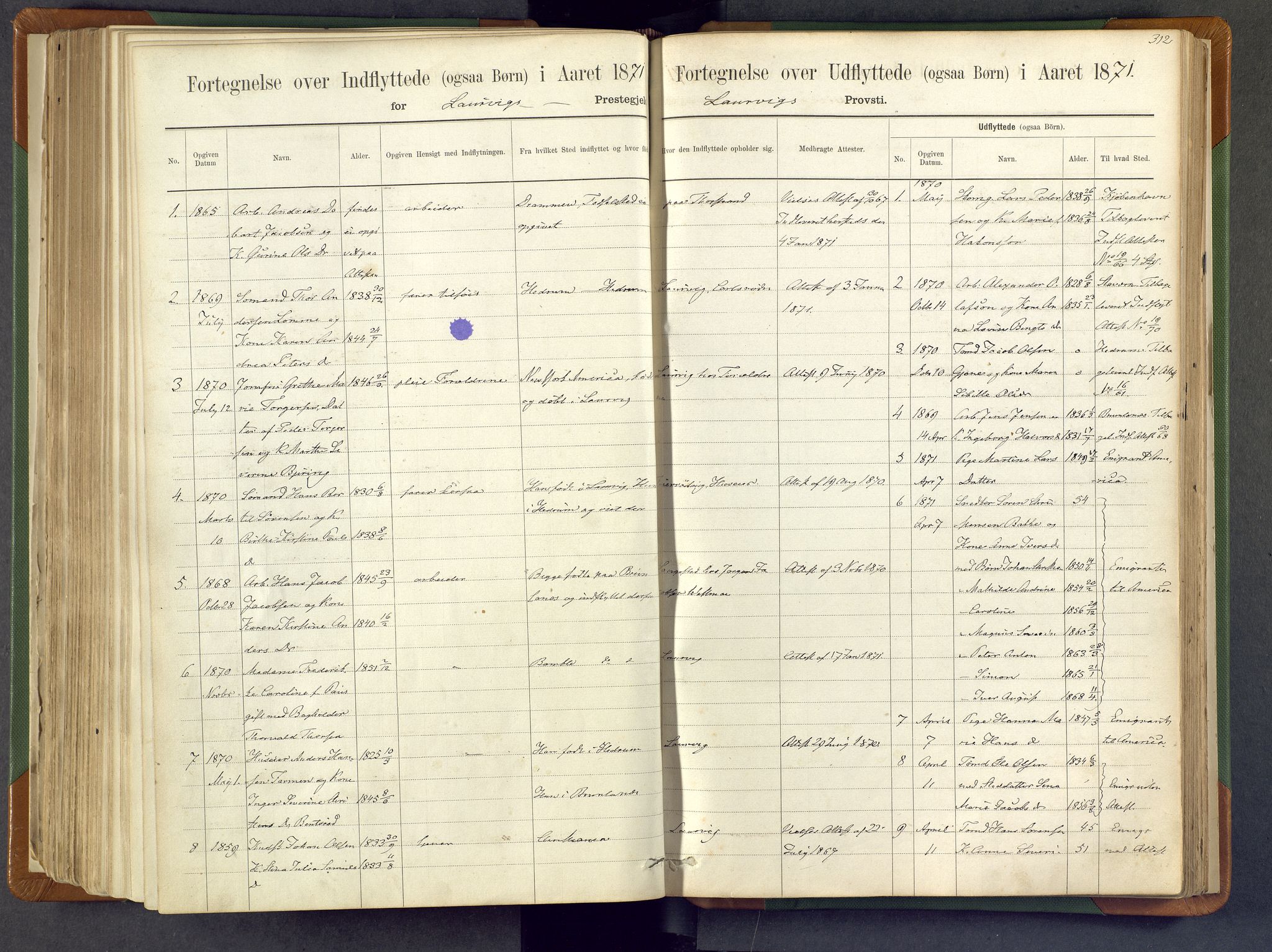 Larvik kirkebøker, AV/SAKO-A-352/F/Fa/L0007: Ministerialbok nr. I 7, 1871-1883, s. 312