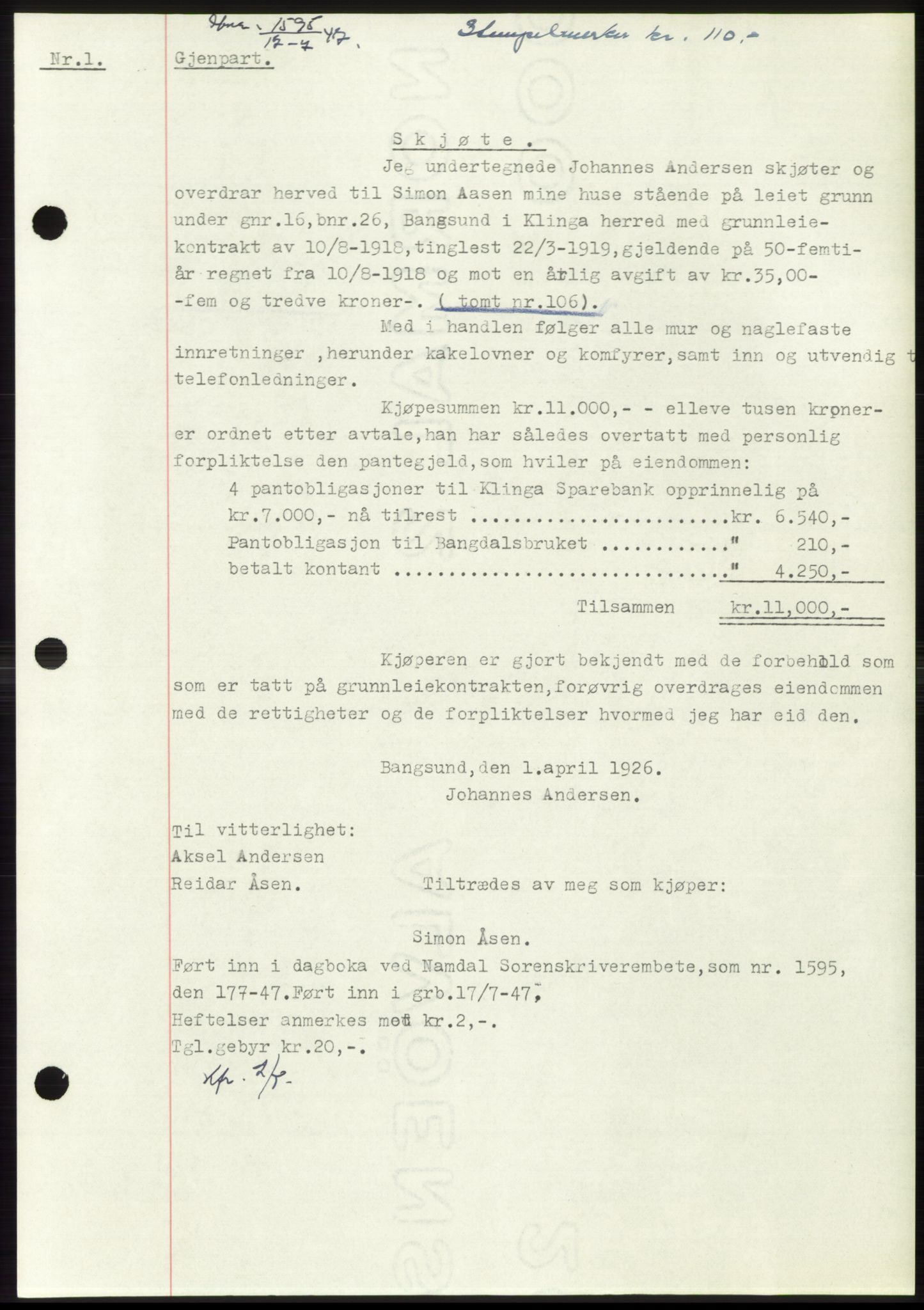 Namdal sorenskriveri, SAT/A-4133/1/2/2C: Pantebok nr. -, 1947-1947, Dagboknr: 1595/1947
