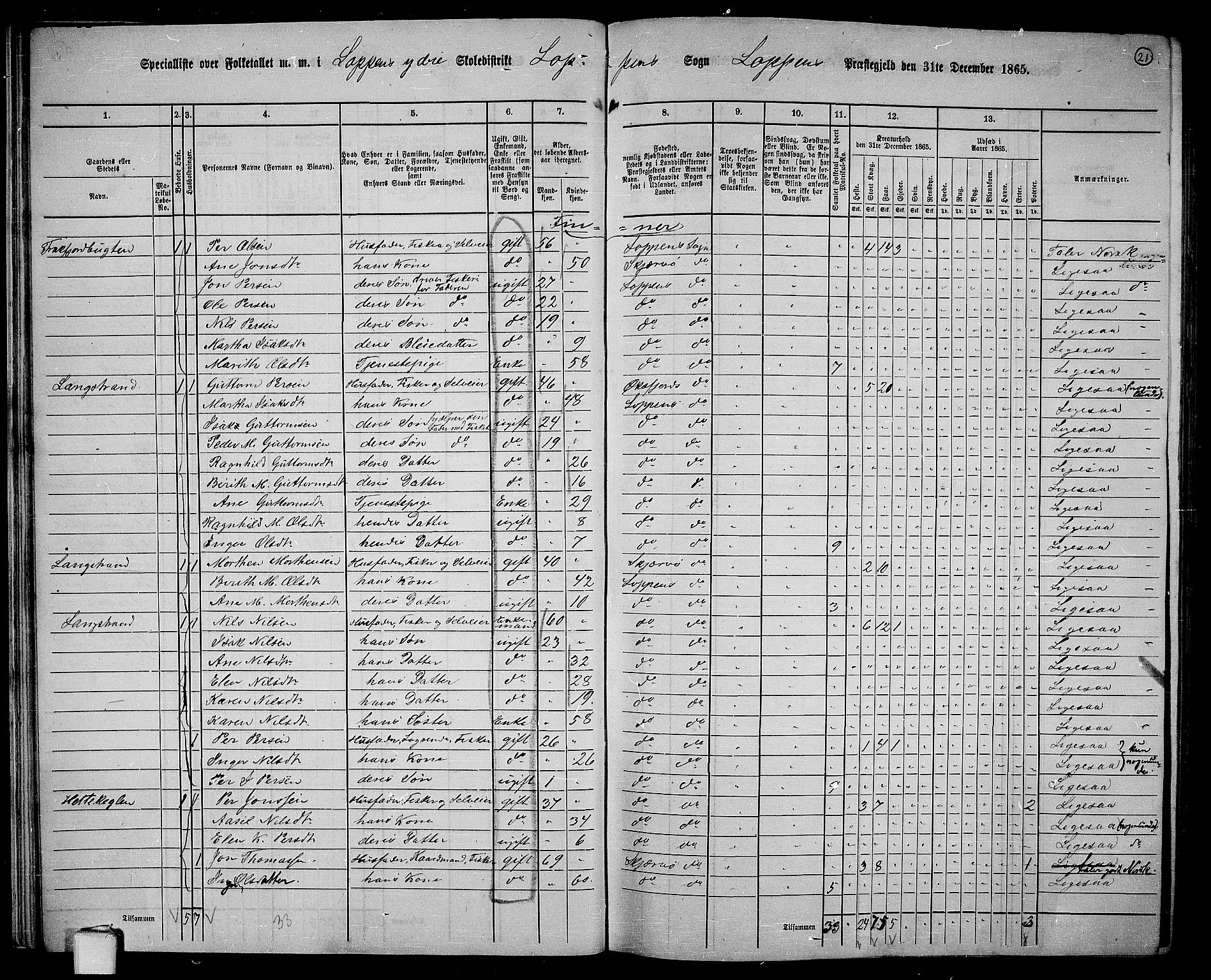 RA, Folketelling 1865 for 2014P Loppa prestegjeld, 1865, s. 20