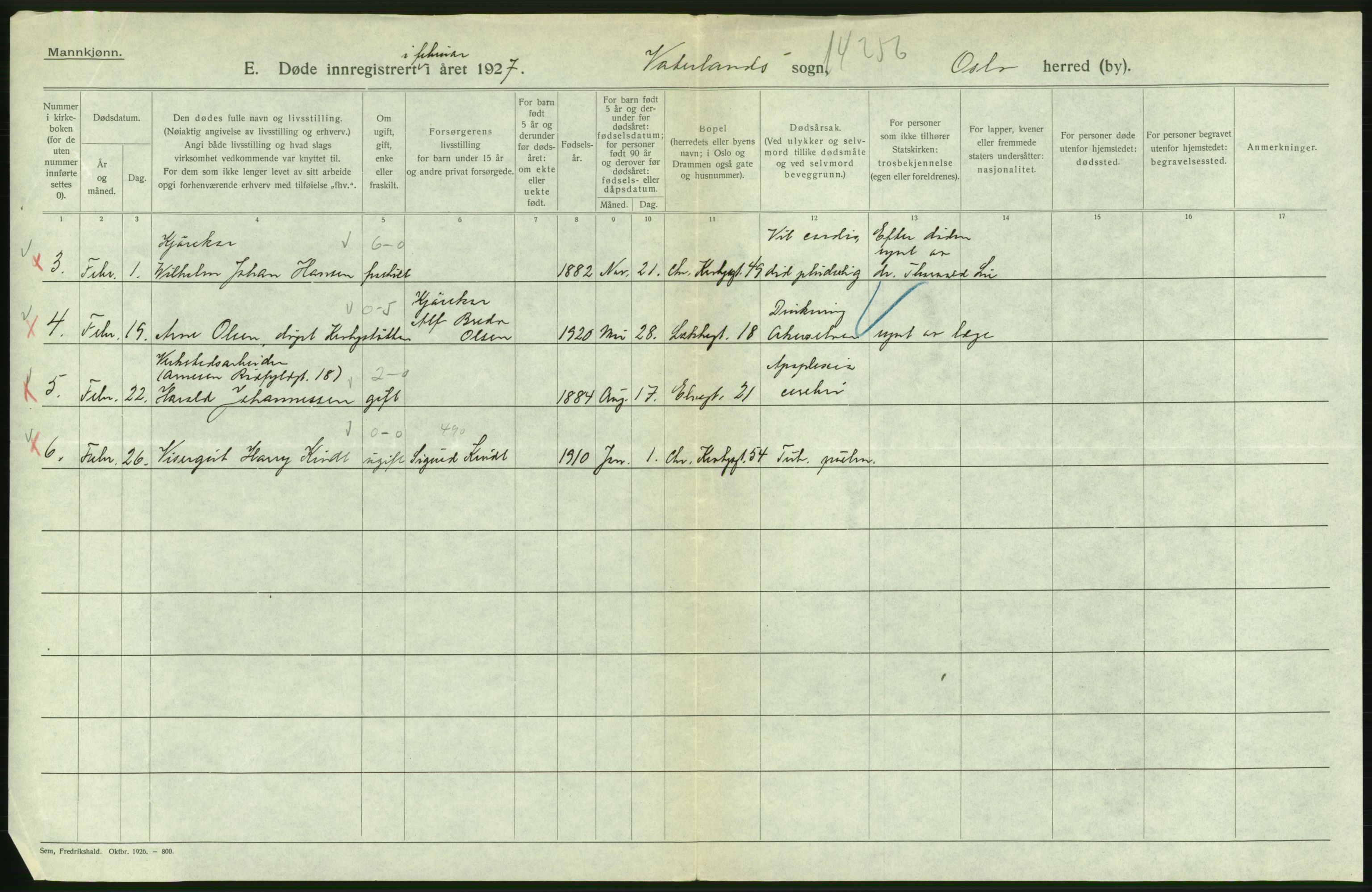 Statistisk sentralbyrå, Sosiodemografiske emner, Befolkning, AV/RA-S-2228/D/Df/Dfc/Dfcg/L0009: Oslo: Døde menn, 1927, s. 578